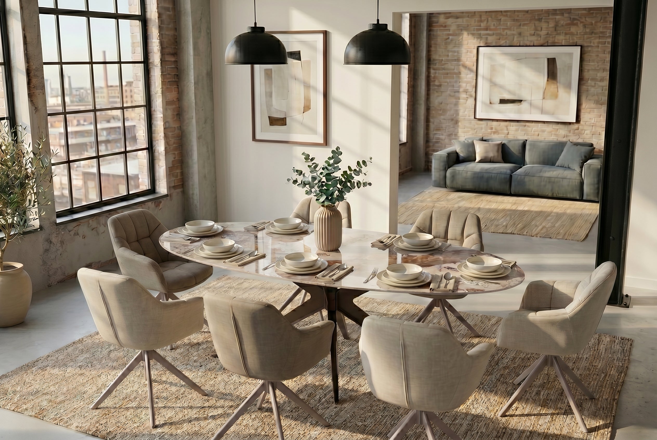 Table à manger ovale SCULPTURE 220cm marron blanc Pandora céramique cadre étoile bronze