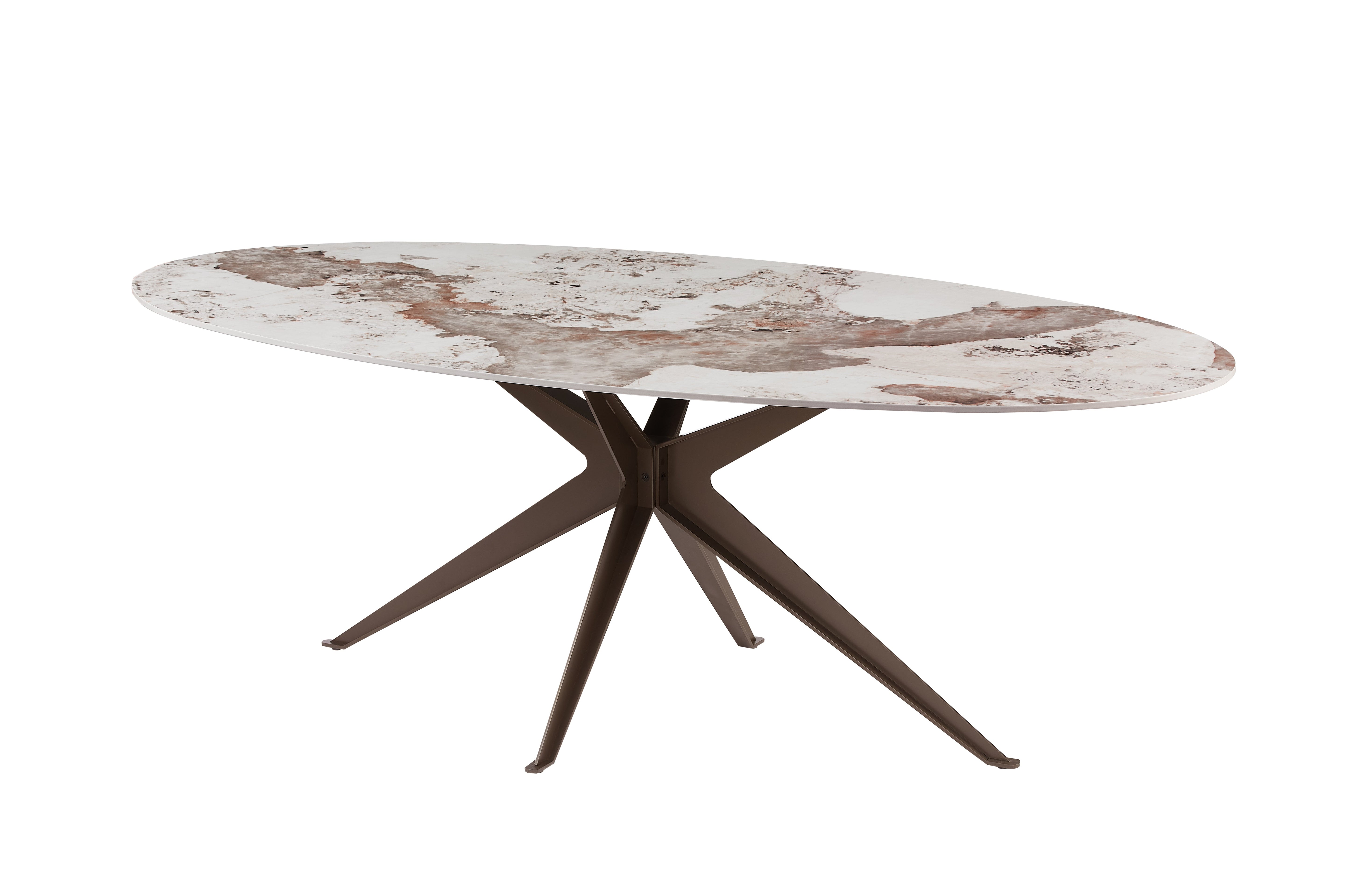Table à manger ovale SCULPTURE 220cm marron blanc Pandora céramique cadre étoile bronze