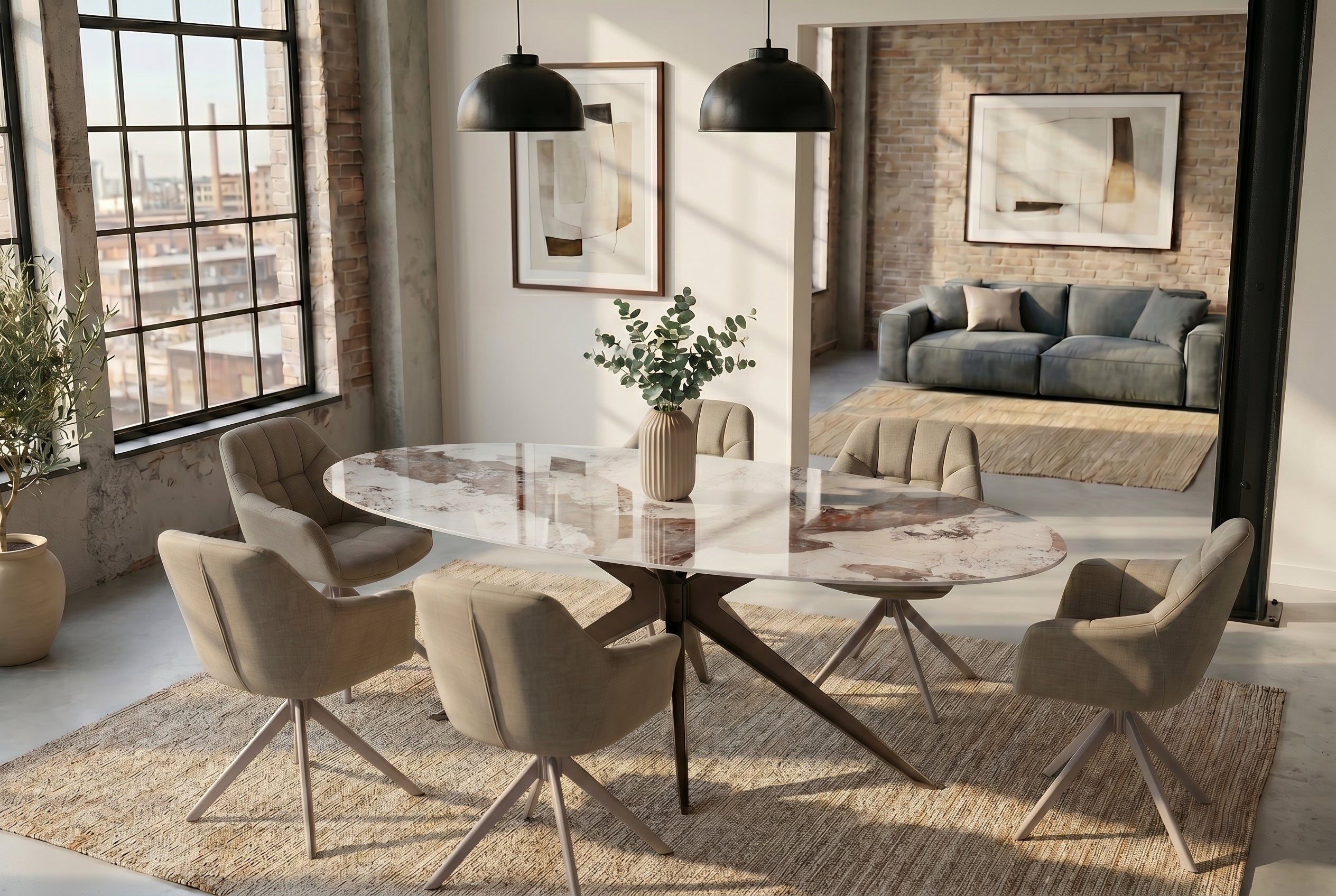 Table à manger ovale SCULPTURE 220cm marron blanc Pandora céramique cadre étoile bronze
