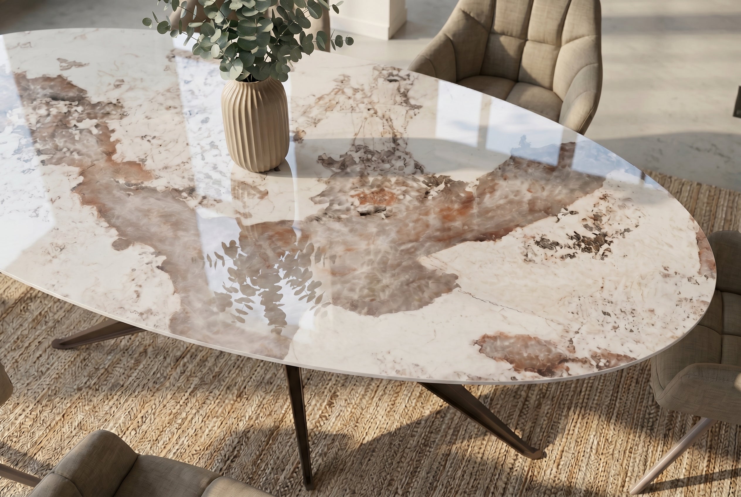 Table à manger ovale SCULPTURE 220cm marron blanc Pandora céramique cadre étoile bronze