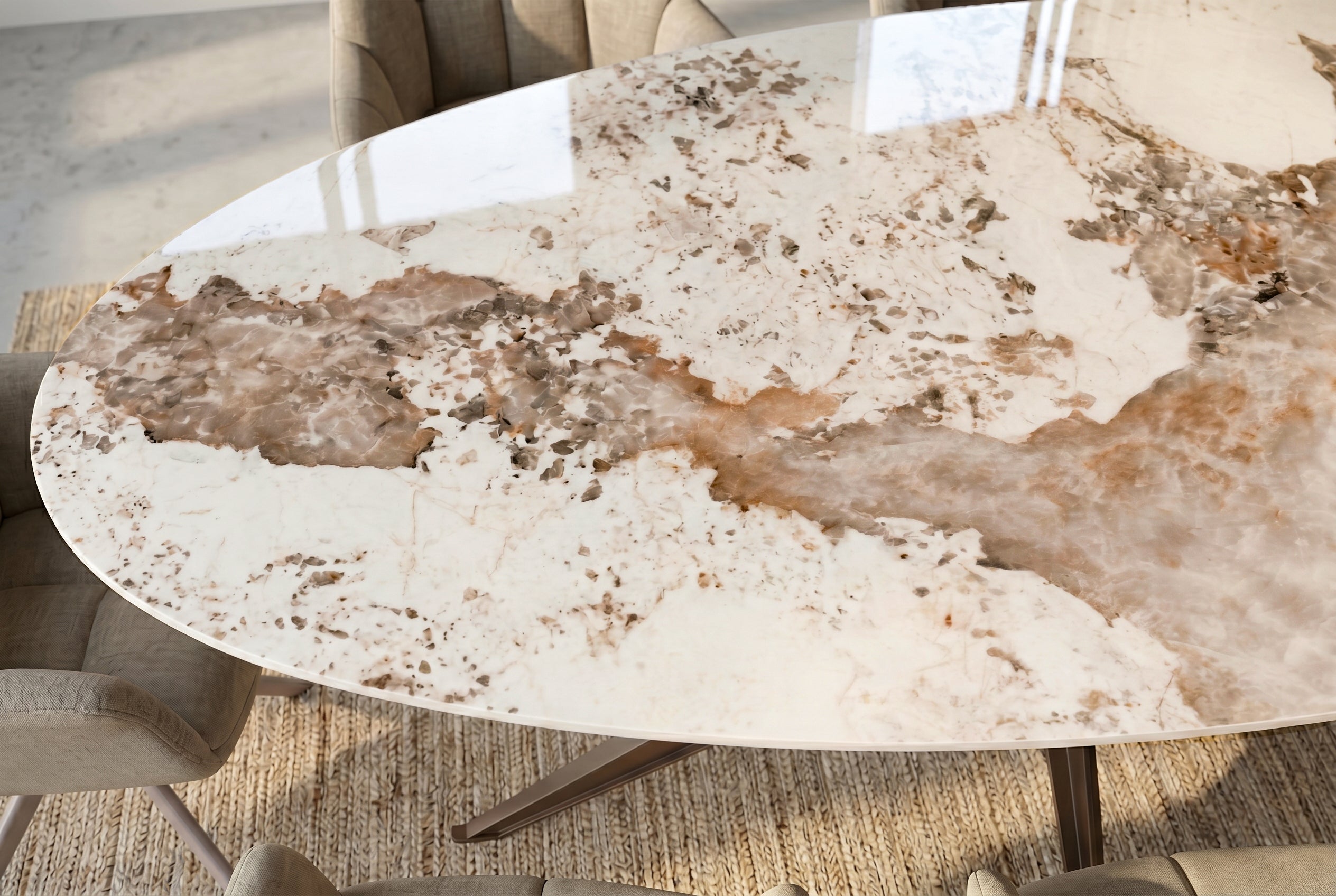 Table à manger ovale SCULPTURE 220cm marron blanc Pandora céramique cadre étoile bronze