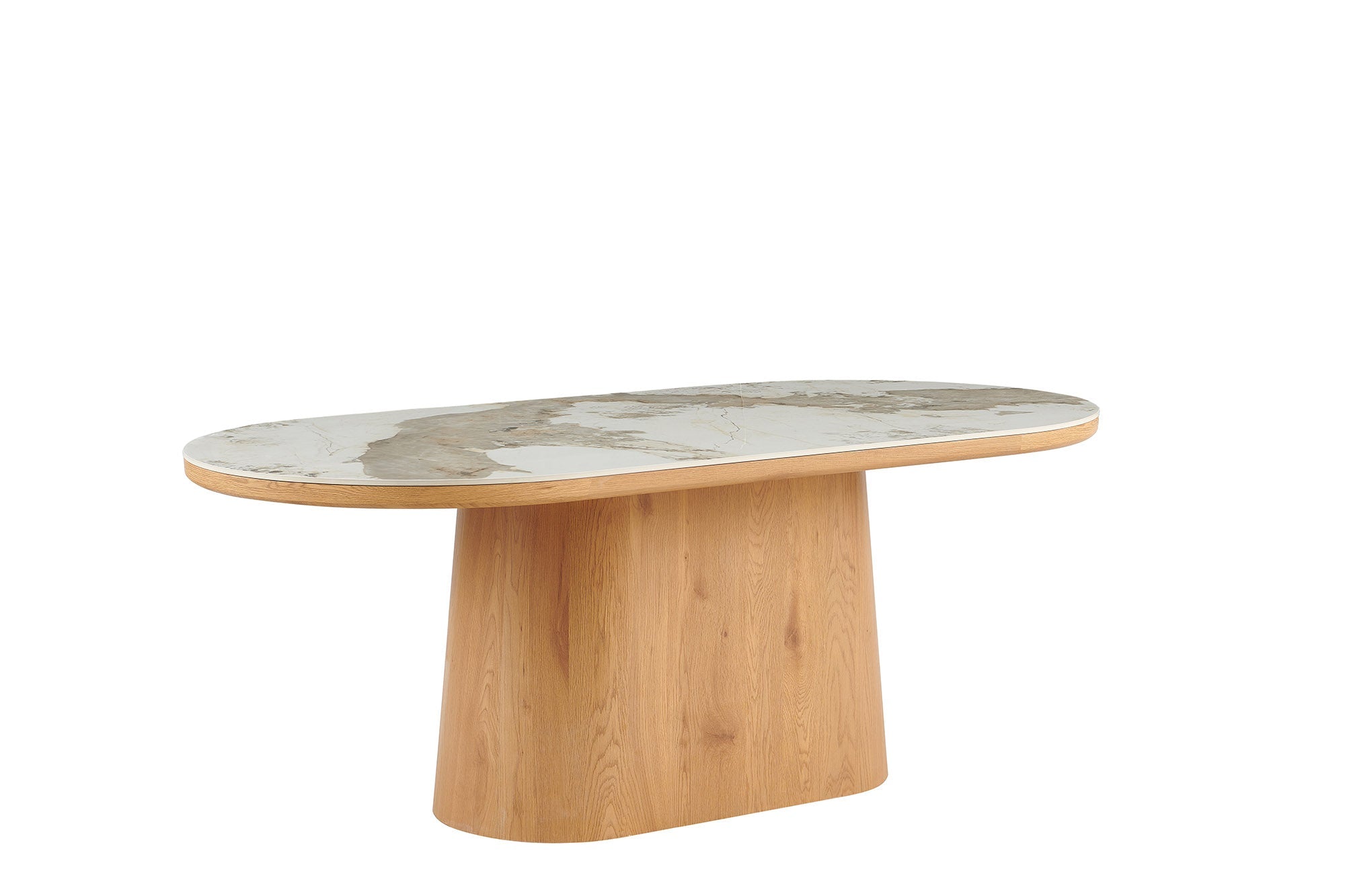 UNIQUE mesa de comedor ovalada 200cm blanco marrón cerámica nogal base de columna