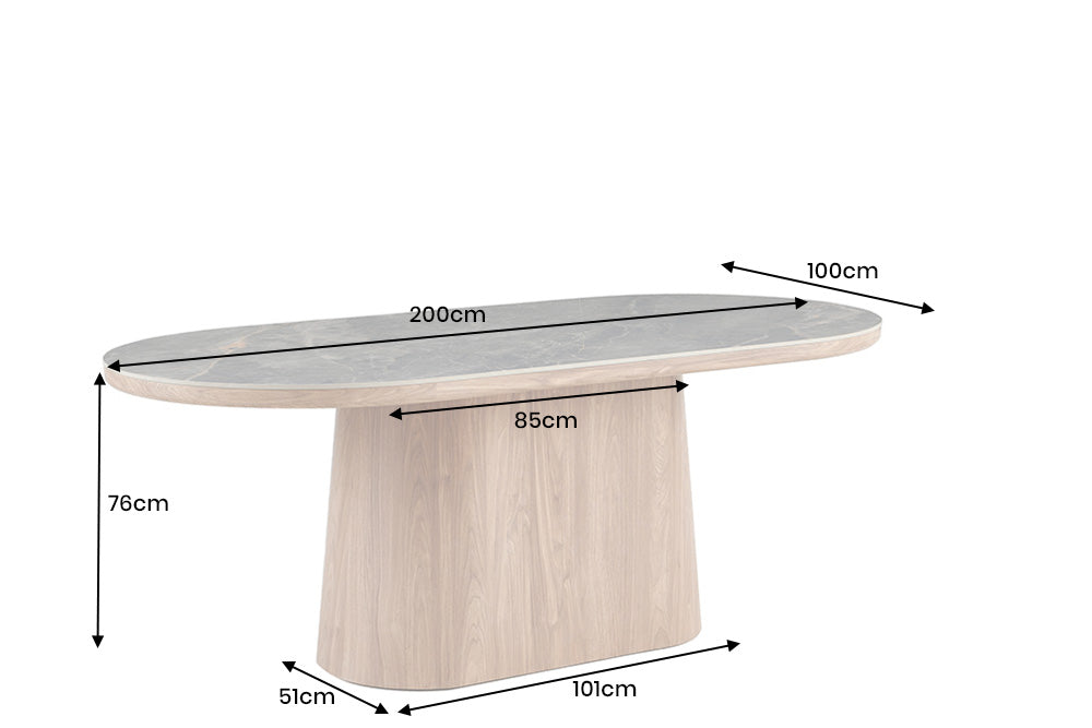 UNIQUE mesa de comedor ovalada 200cm blanco marrón cerámica nogal base de columna