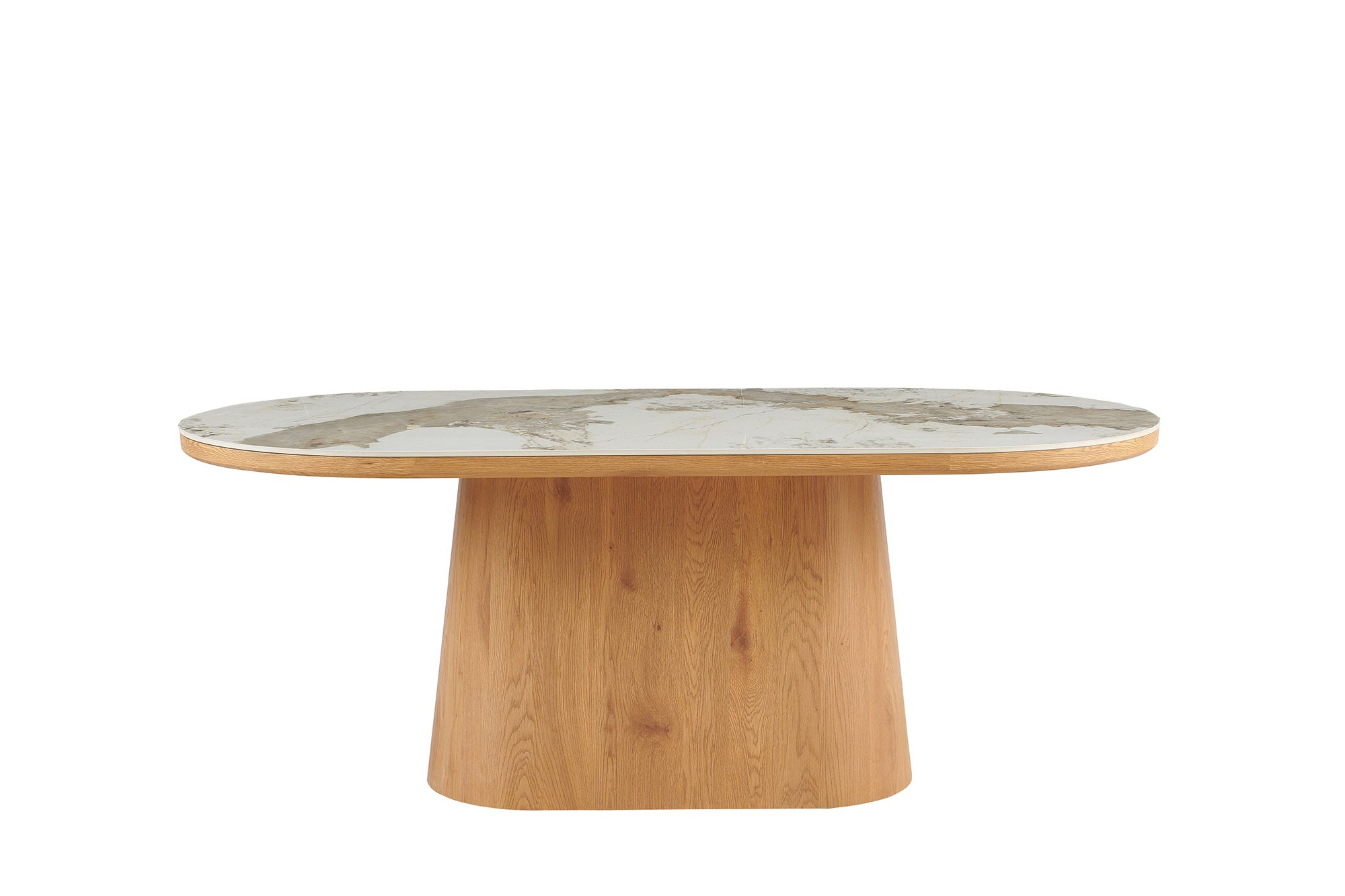 UNIQUE mesa de comedor ovalada 200cm blanco marrón cerámica nogal base de columna