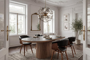 Table à manger ovale UNIQUE 200cm gris marron céramique piètement noyer