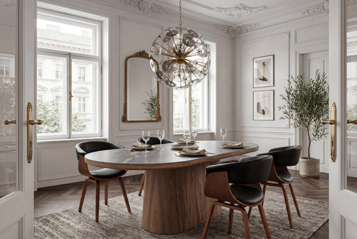 Table à manger ovale UNIQUE 200cm gris marron céramique piètement noyer