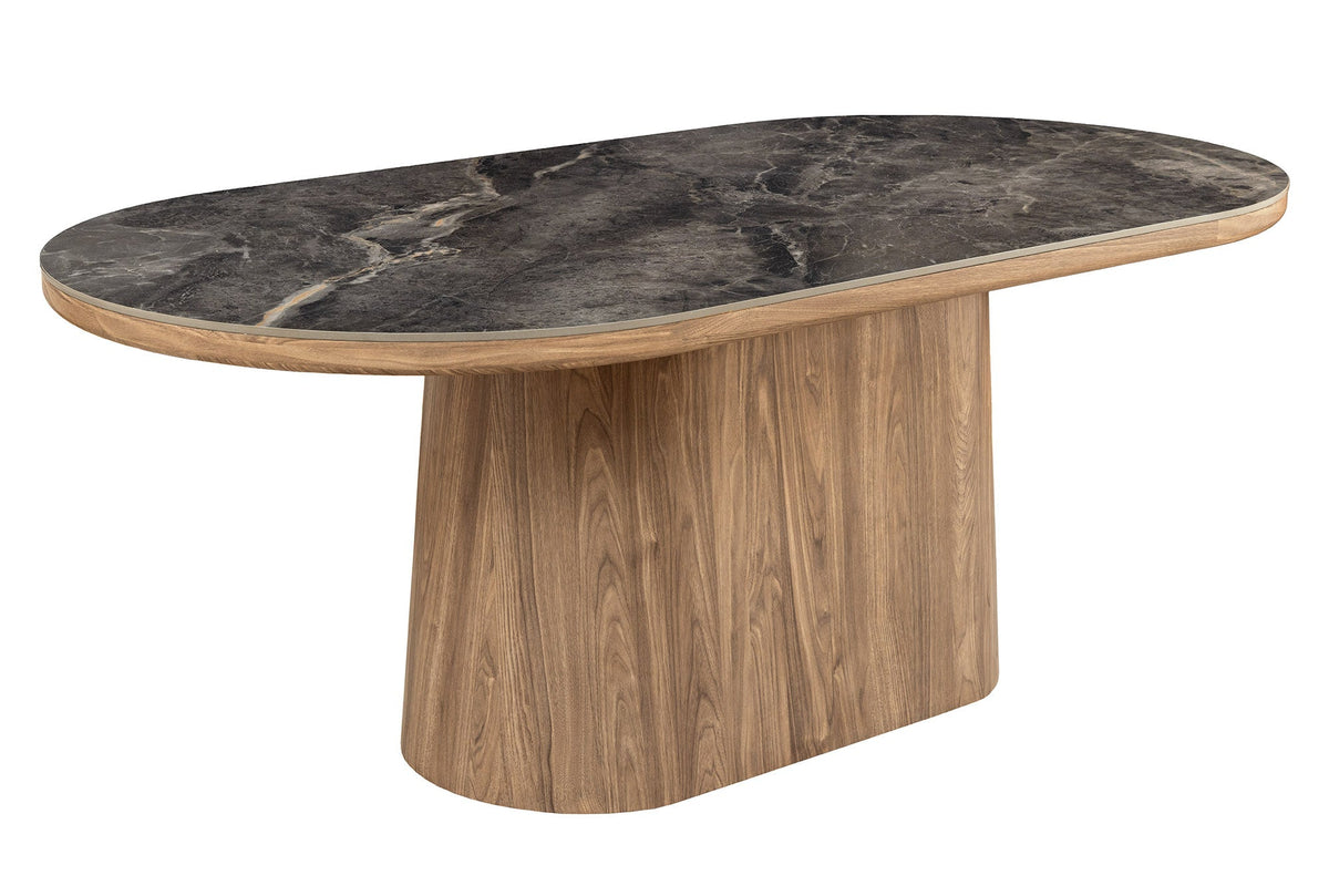 Table à manger ovale UNIQUE 200cm gris marron céramique piètement noyer