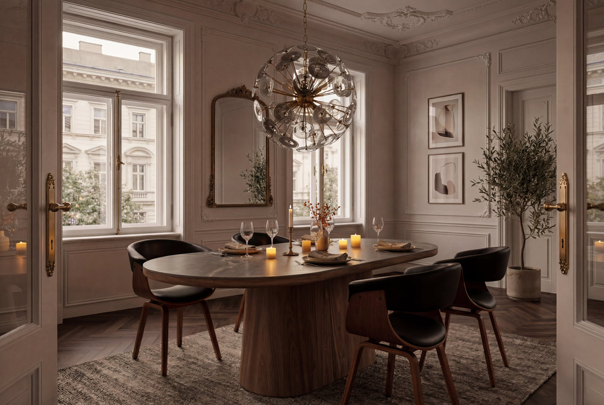 Table à manger ovale UNIQUE 200cm gris marron céramique piètement noyer