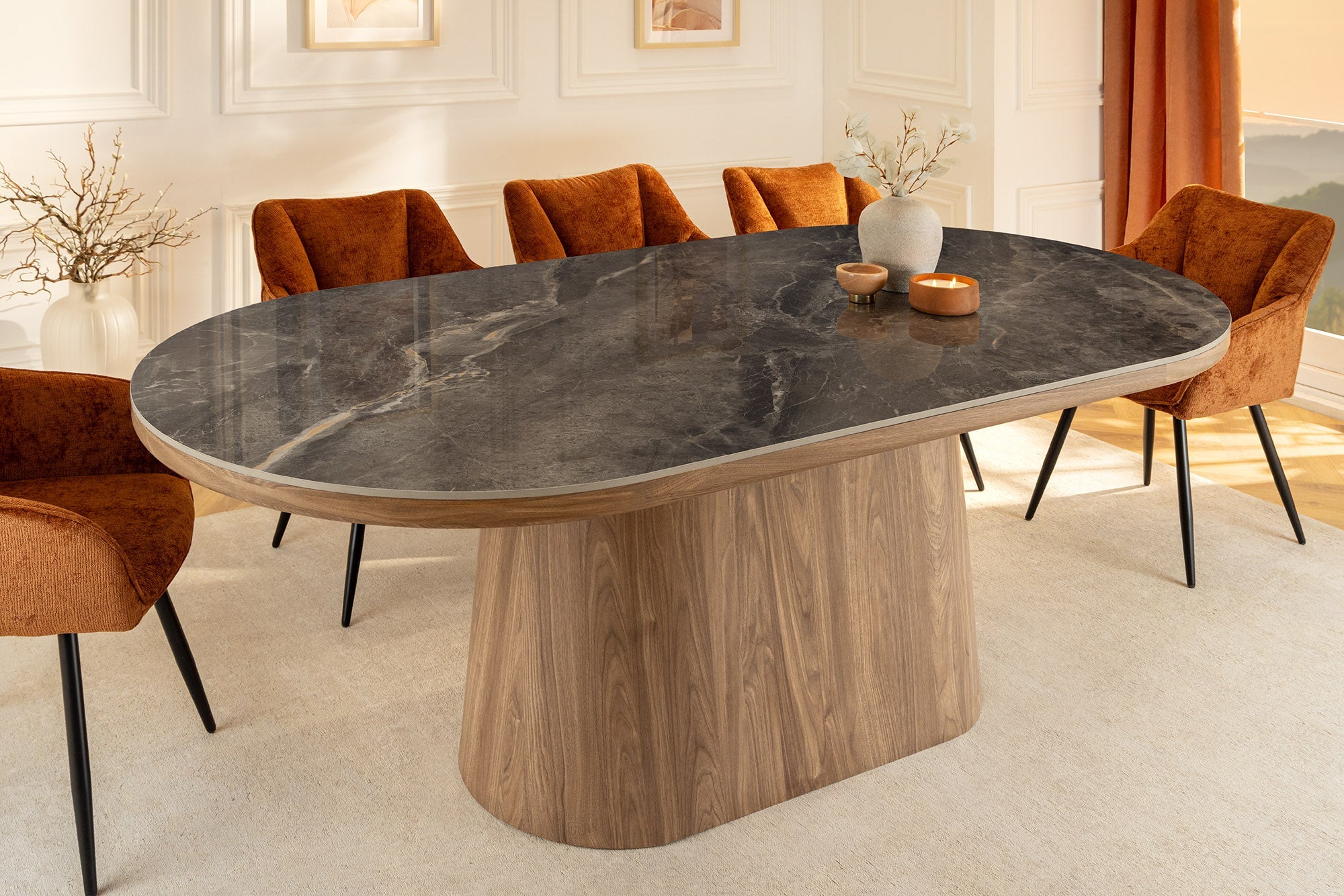 UNIQUE mesa de comedor ovalada 200cm gris marron ceramica base nogal