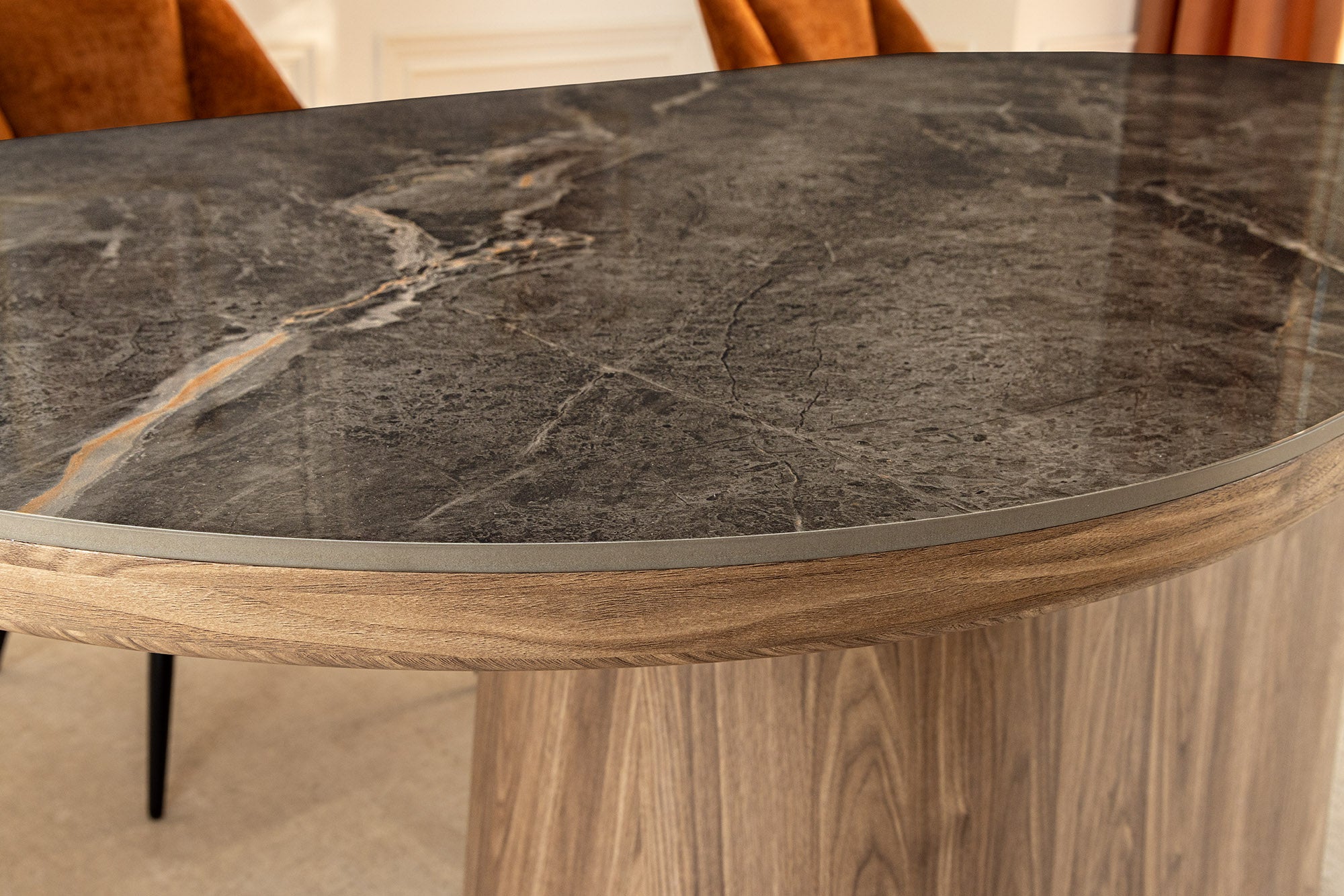 UNIQUE mesa de comedor ovalada 200cm gris marron ceramica base nogal