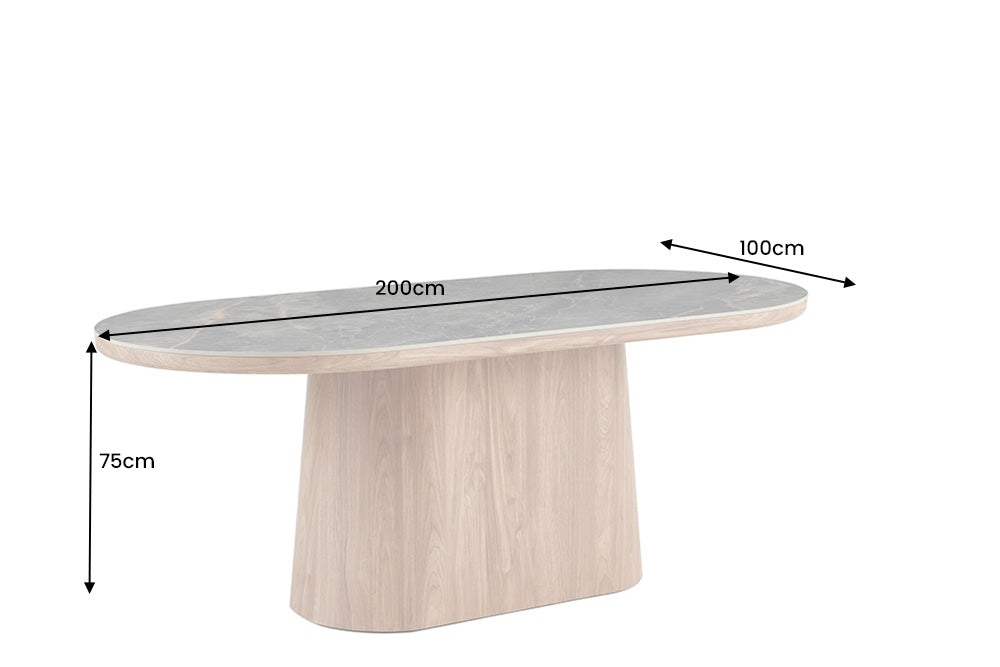 UNIQUE mesa de comedor ovalada 200cm gris marron ceramica base nogal