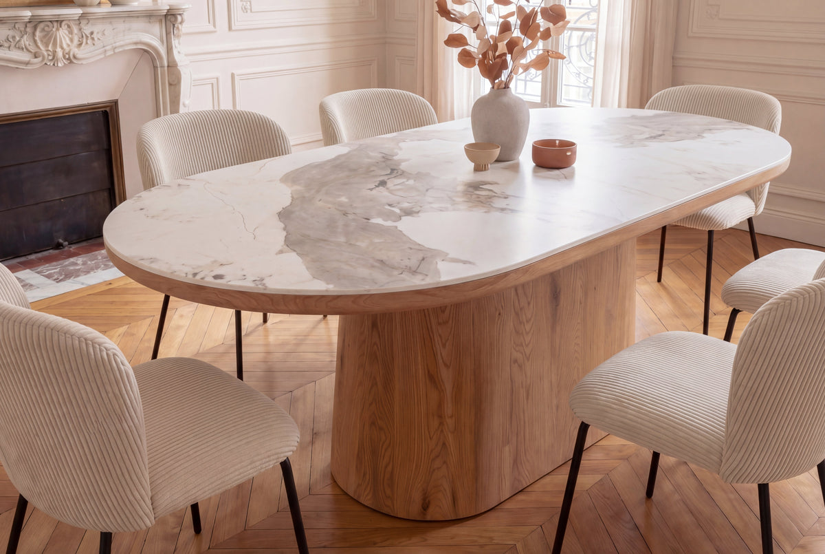 Table à manger ovale UNIQUE 200cm piètement pilier chêne céramique naturelle blanche