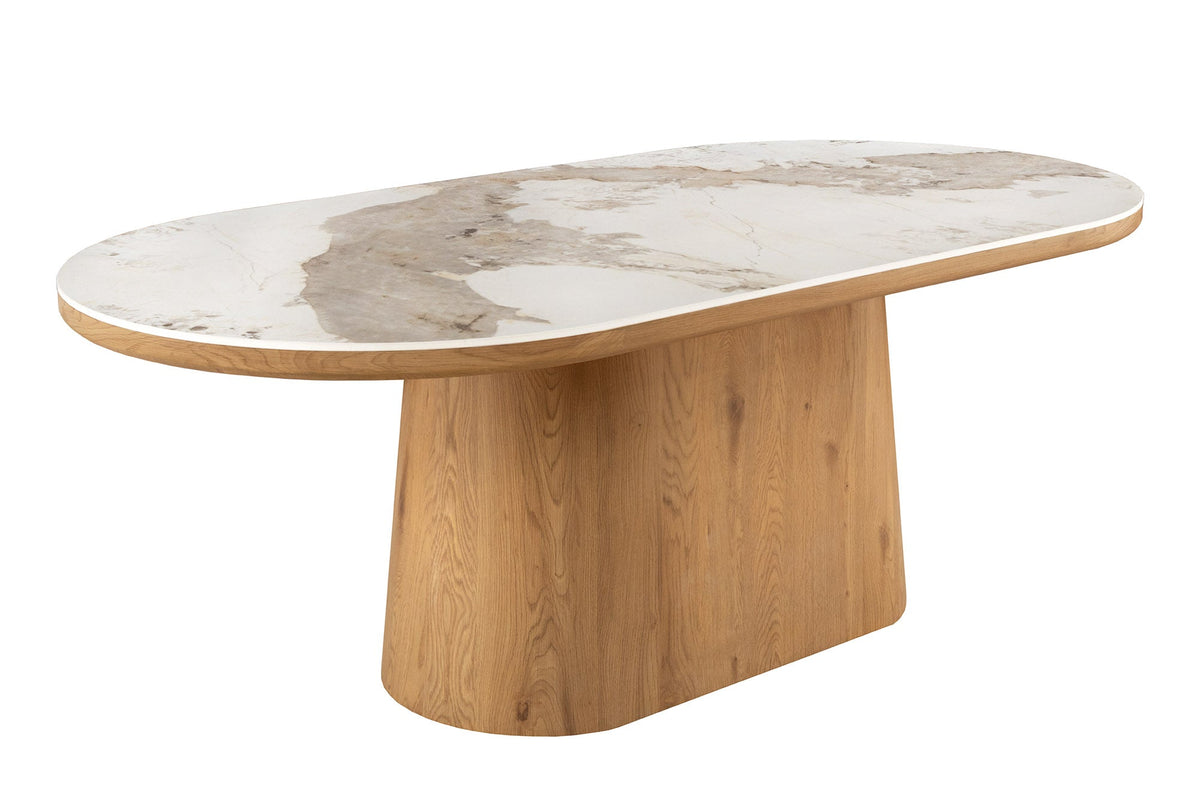 Table à manger ovale UNIQUE 200cm piètement pilier chêne céramique naturelle blanche