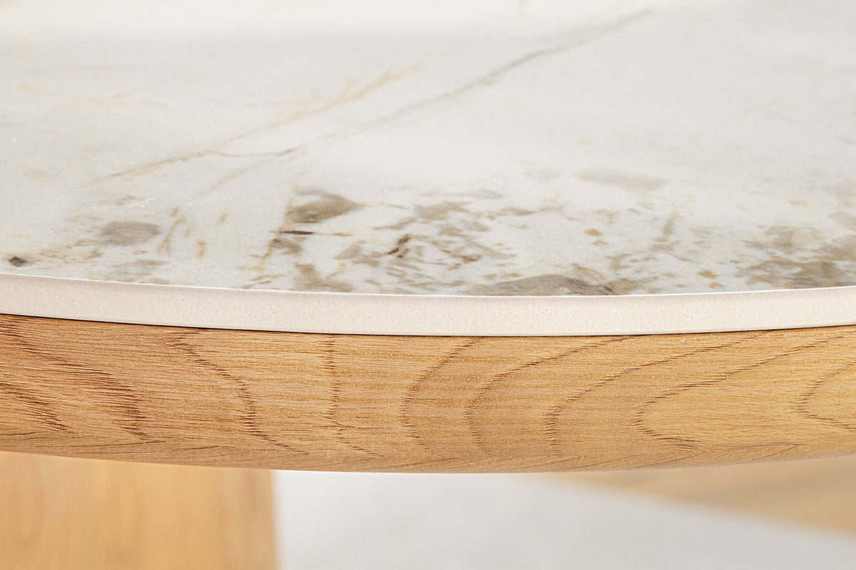 Table à manger ovale UNIQUE 200cm piètement pilier chêne céramique naturelle blanche