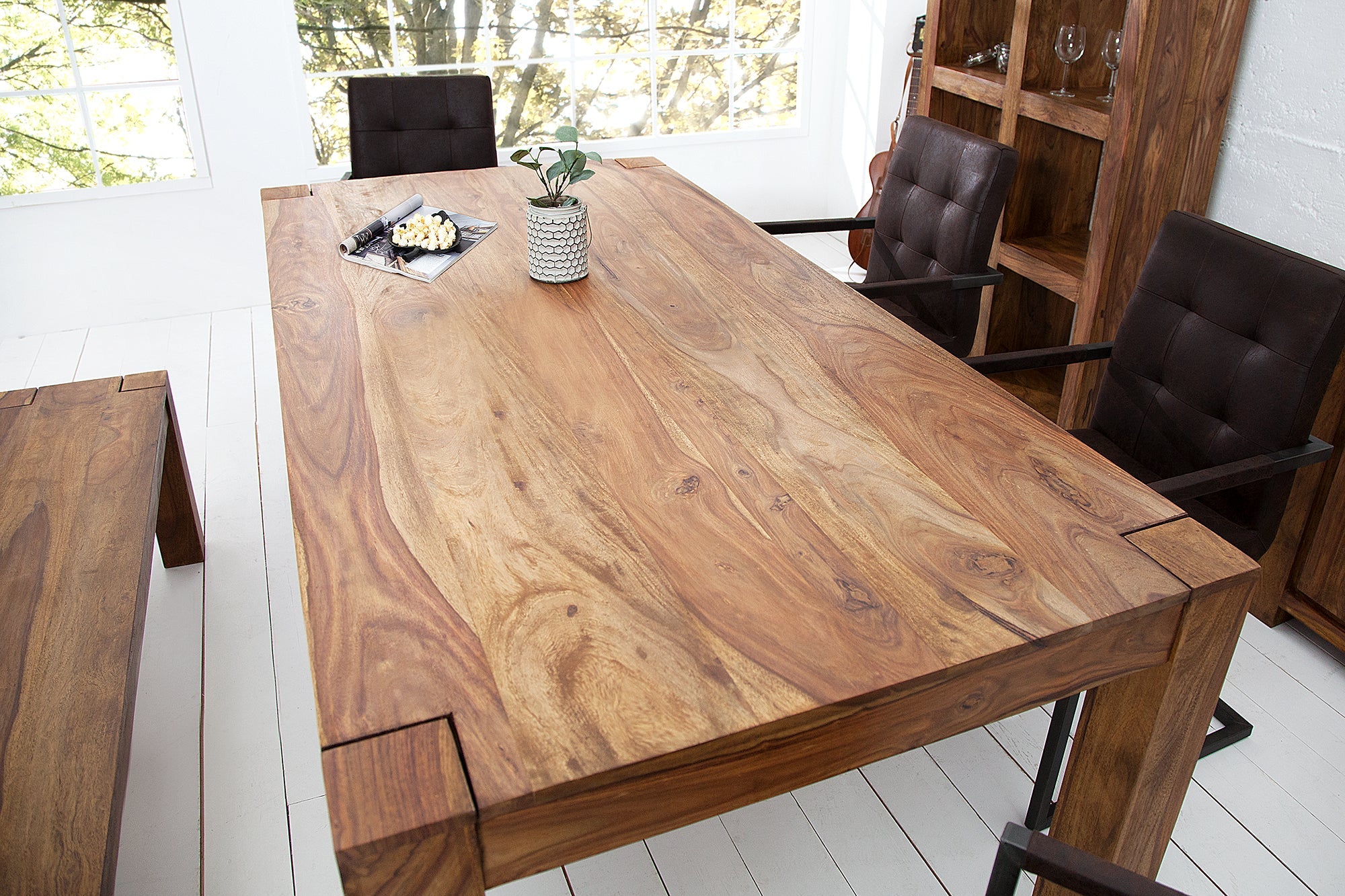 MAKASSAR mesa de comedor rectangular de madera maciza 160 cm, acabado piedra Sheesham lacada marrón