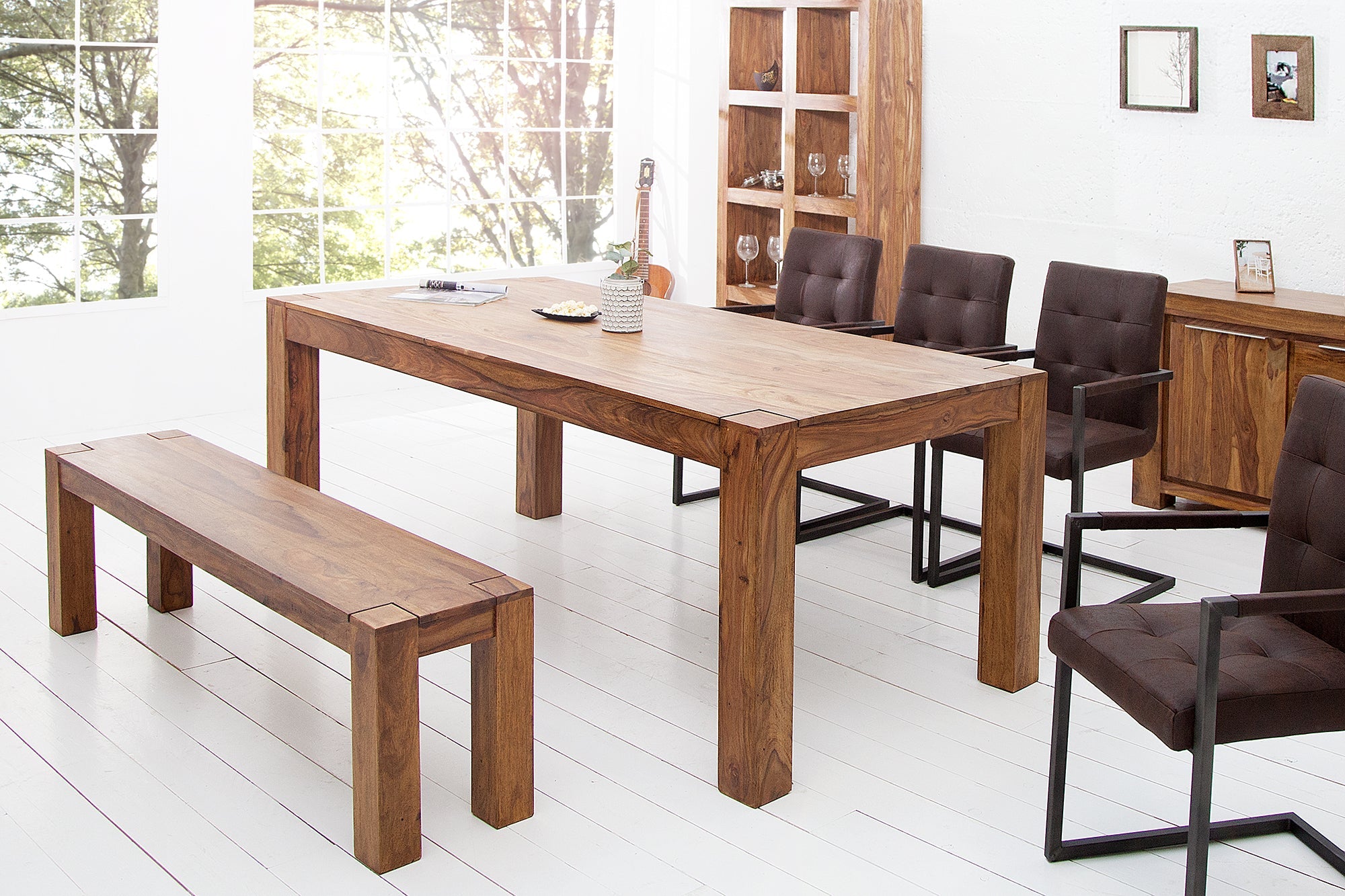 MAKASSAR Mesa de comedor rectangular de madera maciza de 200 cm, acabado piedra Sheesham marrón, patas de madera