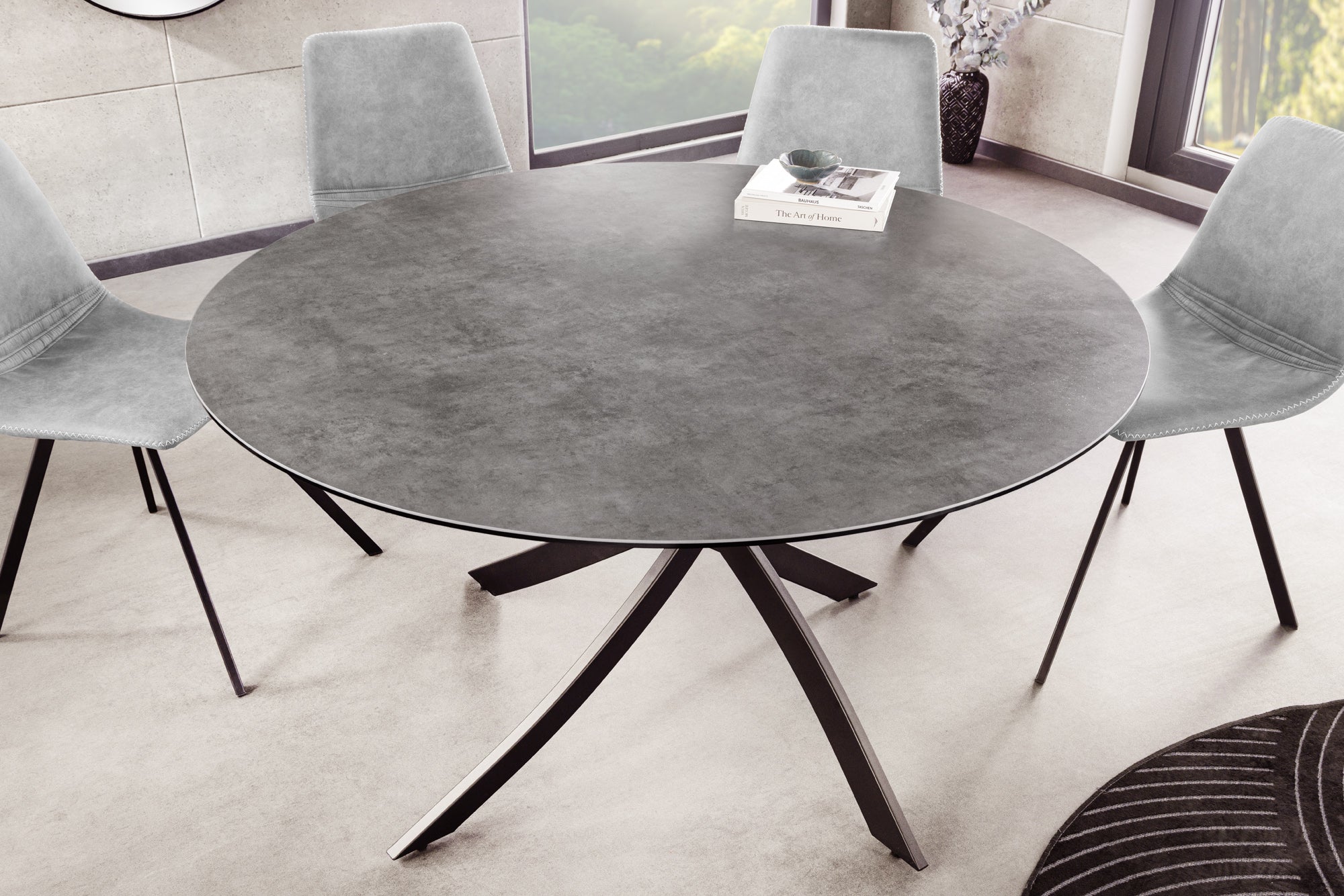 ALPINE 120cm mesa de comedor redonda cerámica antracita marco de metal negro