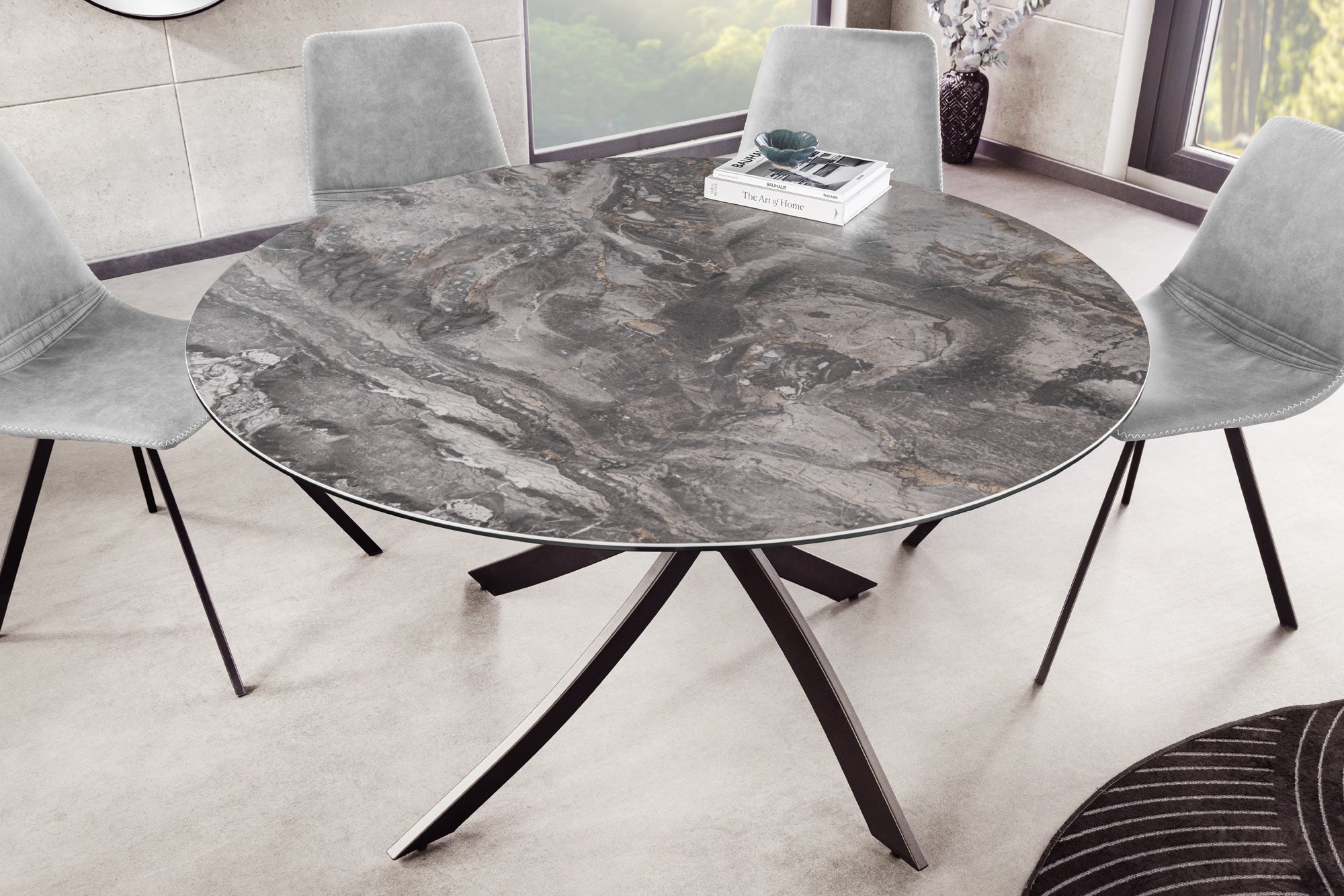 ALPINE 120cm mesa de comedor redonda taupe cerámica marco de metal negro