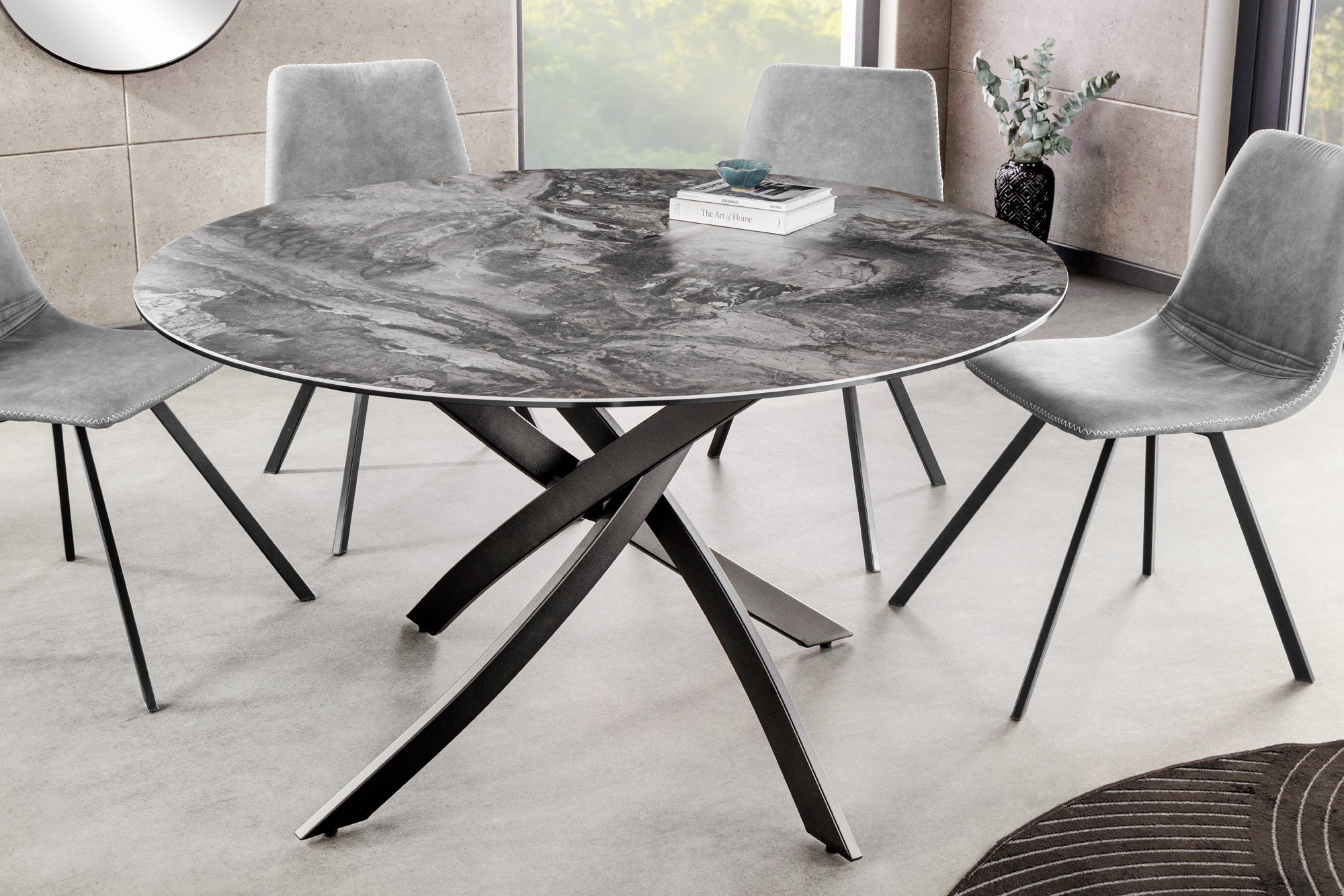 ALPINE 120cm mesa de comedor redonda taupe cerámica marco de metal negro