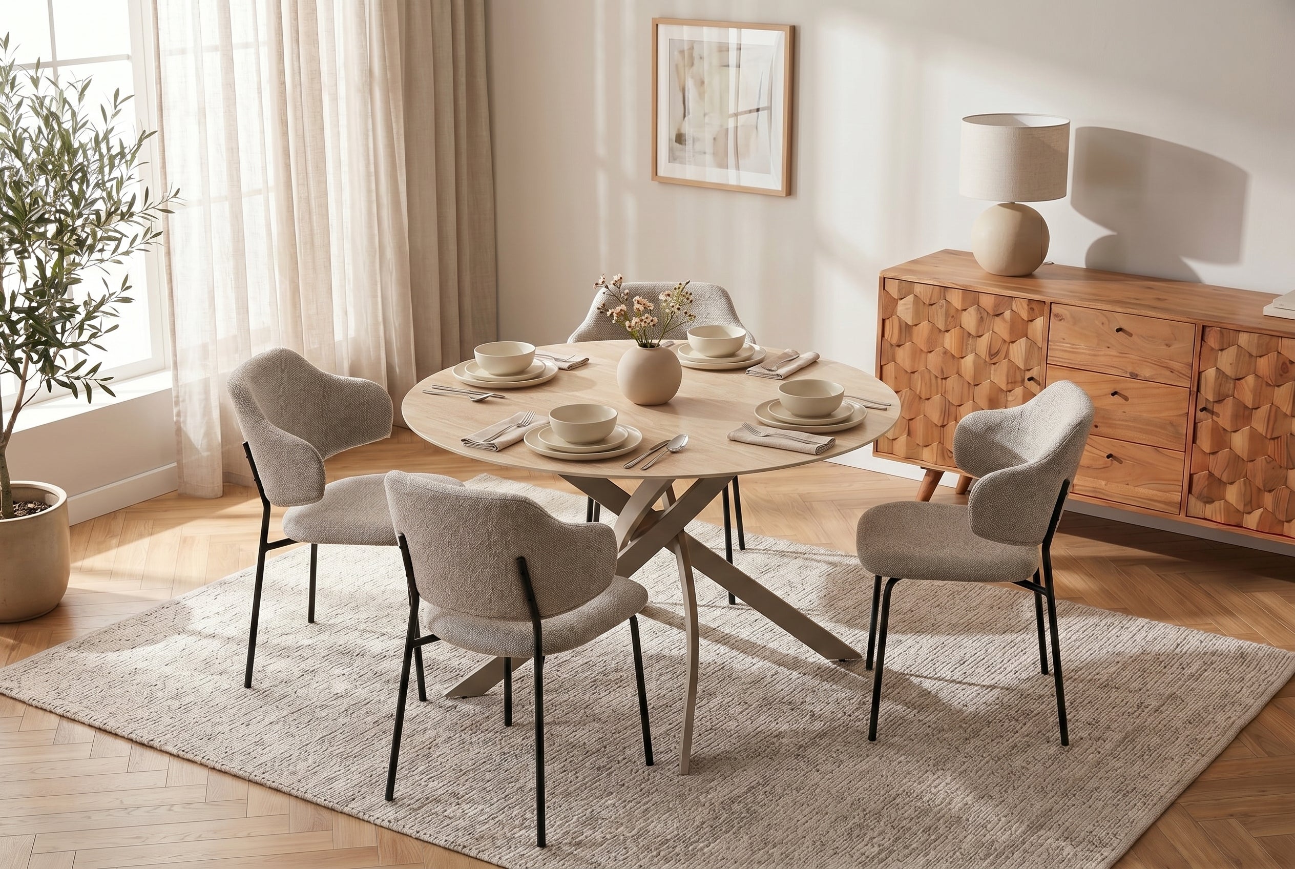 Table à manger ronde ALPINE 120cm céramique travertin naturel métal grège champagne