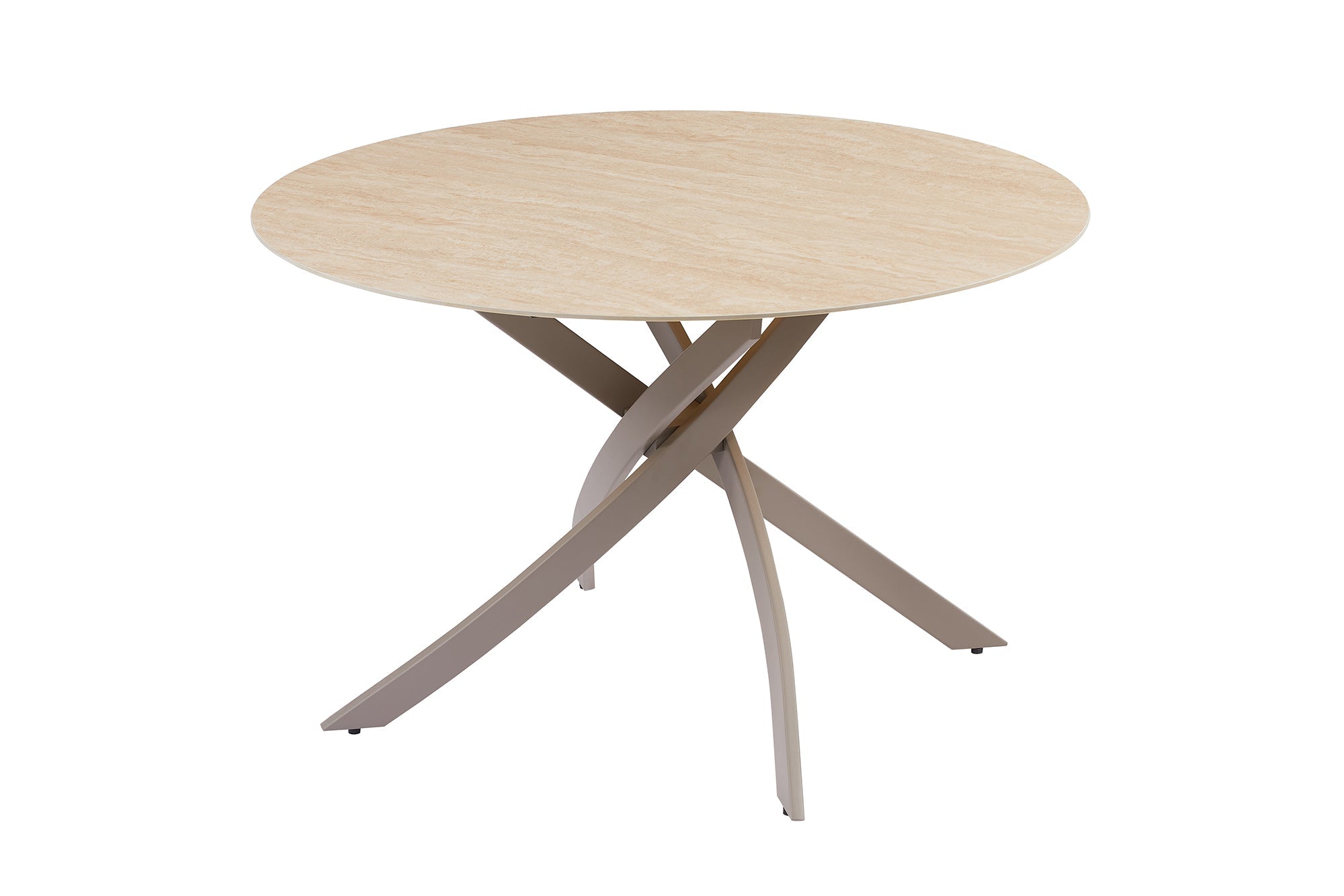 Table à manger ronde ALPINE 120cm céramique travertin naturel métal grège champagne