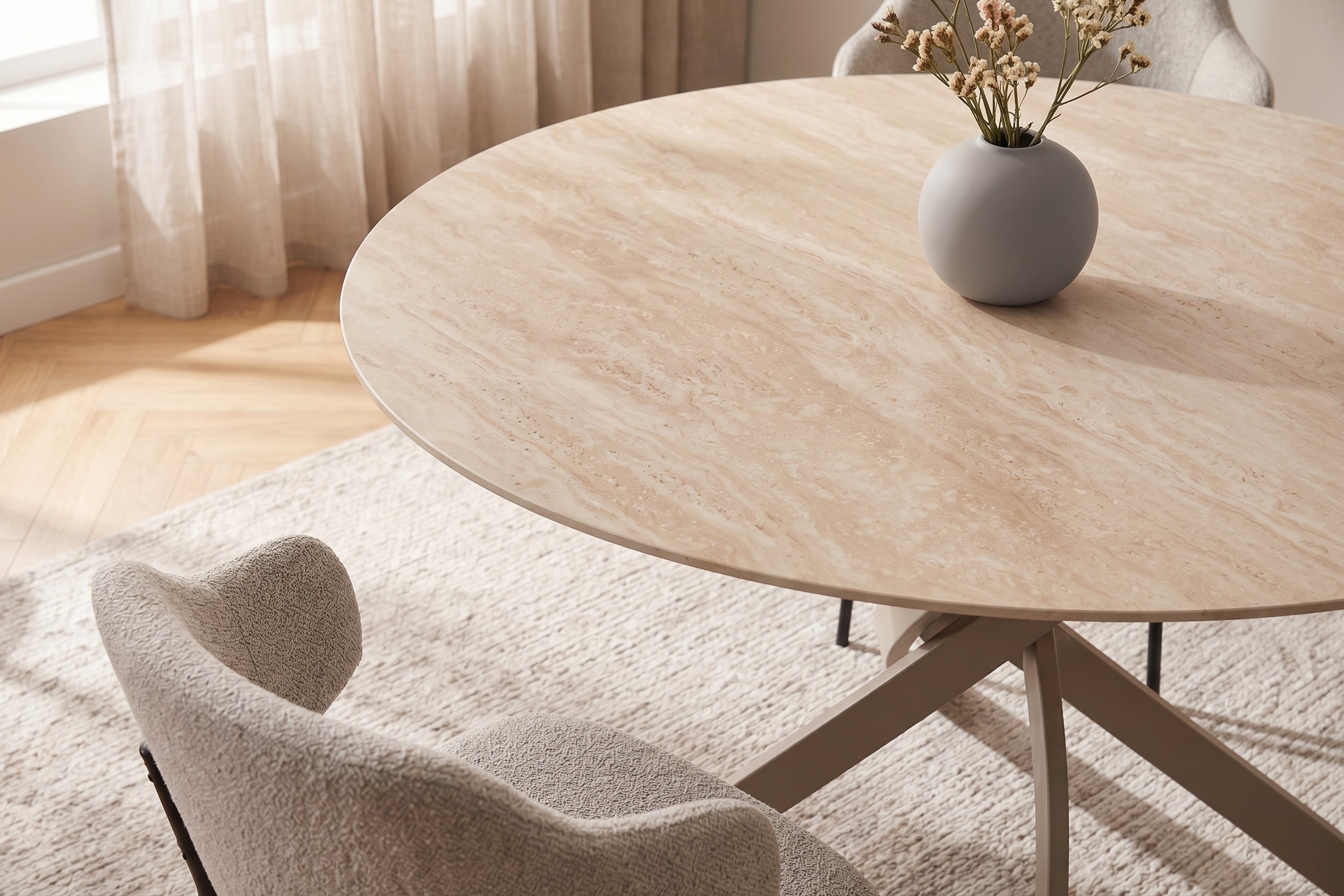 Table à manger ronde ALPINE 120cm céramique travertin naturel métal grège champagne