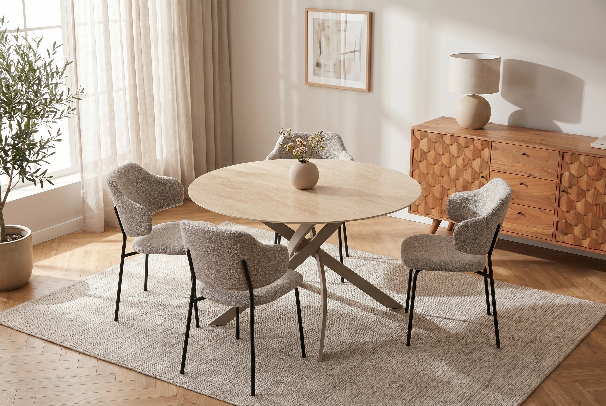 Table à manger ronde ALPINE 120cm céramique travertin naturel métal grège champagne