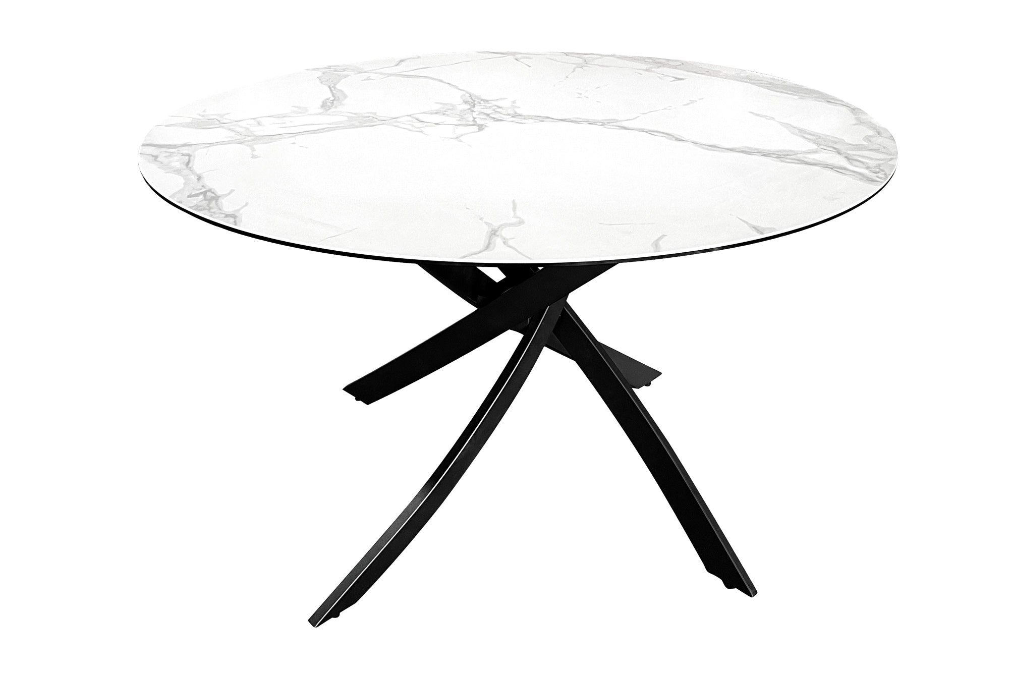 Mesa de comedor redonda ALPINE 120cm cerámica mármol blanco estructura metálica negra