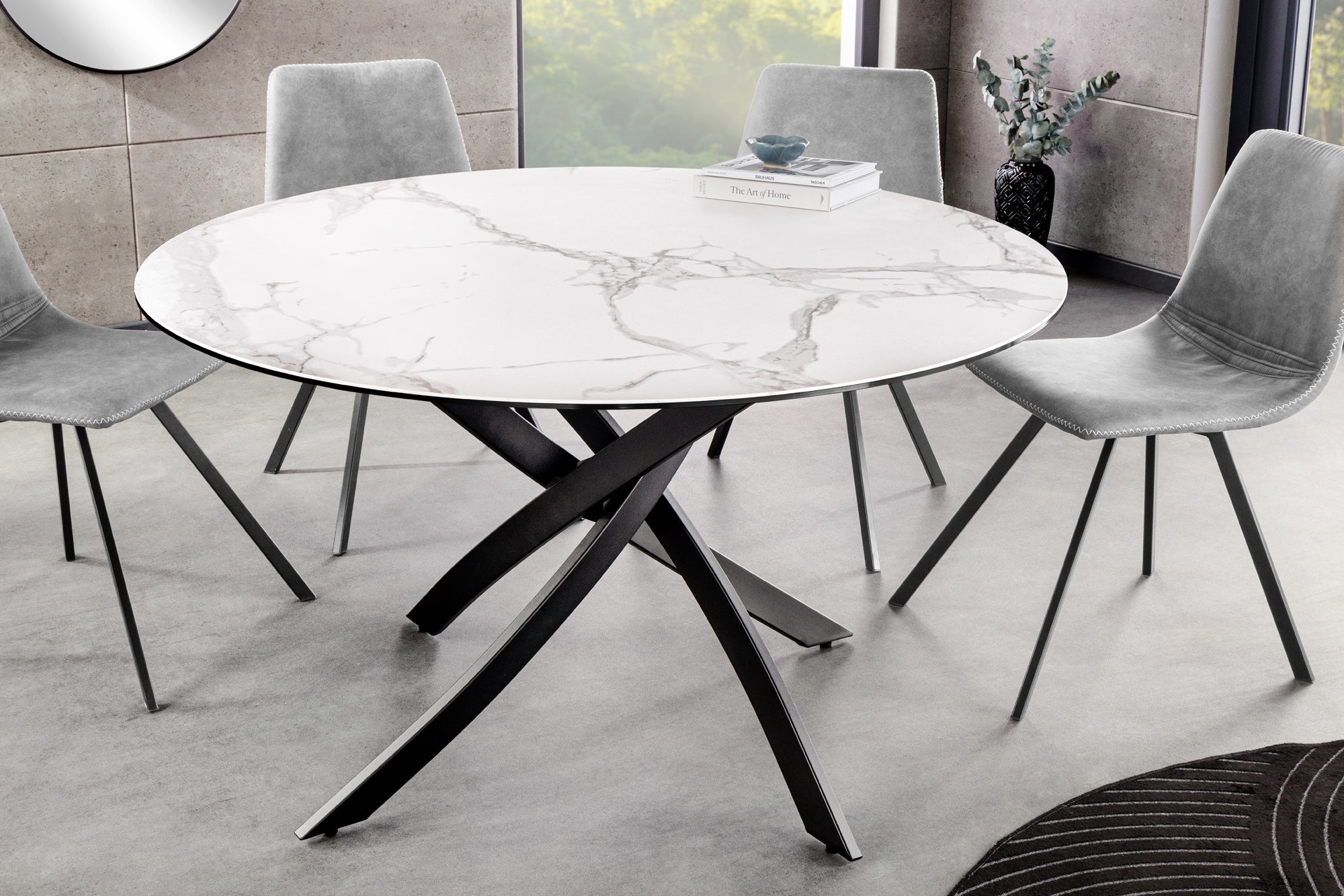 Mesa de comedor redonda ALPINE 120cm cerámica mármol blanco estructura metálica negra