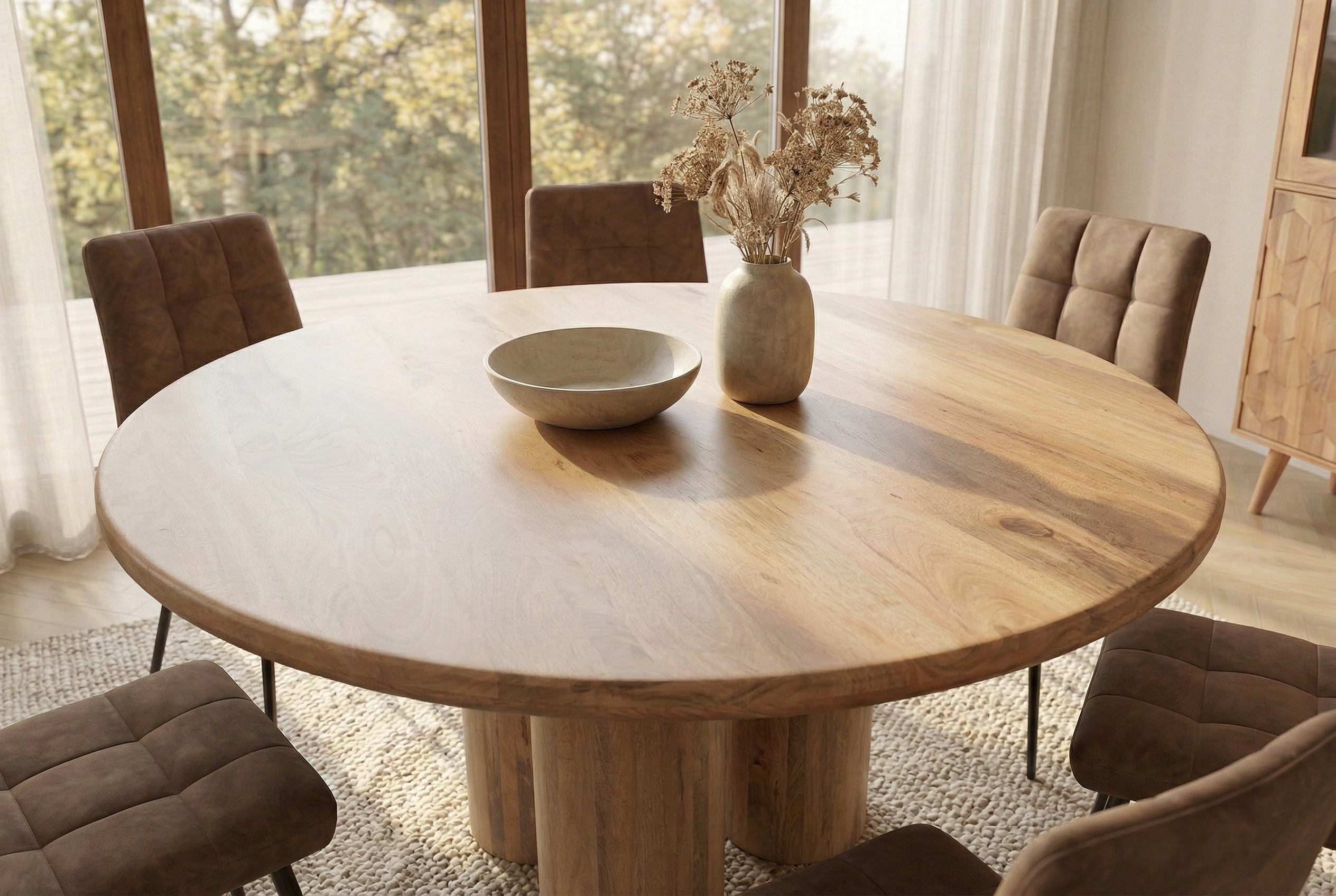 Table à manger ronde ART DECO 140cm en manguier massif naturel avec pieds colonnes