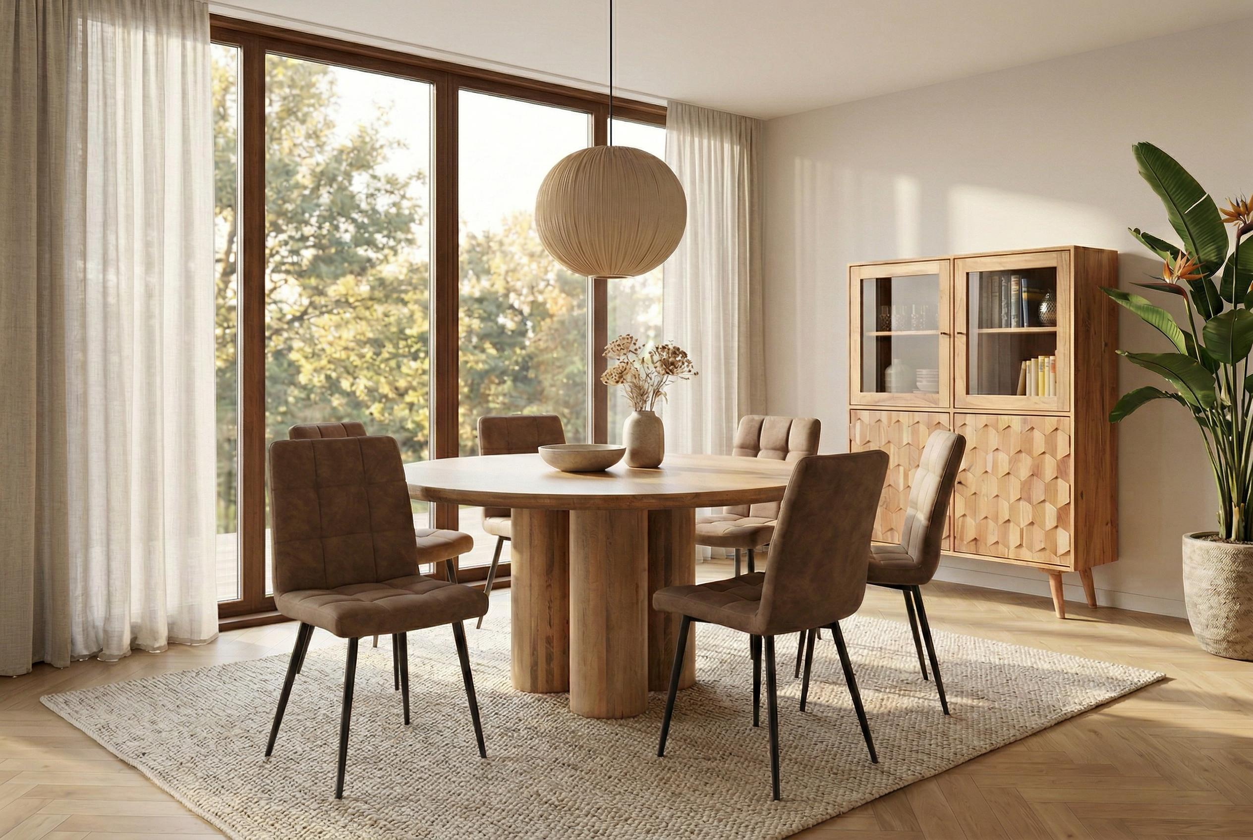 Table à manger ronde ART DECO 140cm en manguier massif naturel avec pieds colonnes