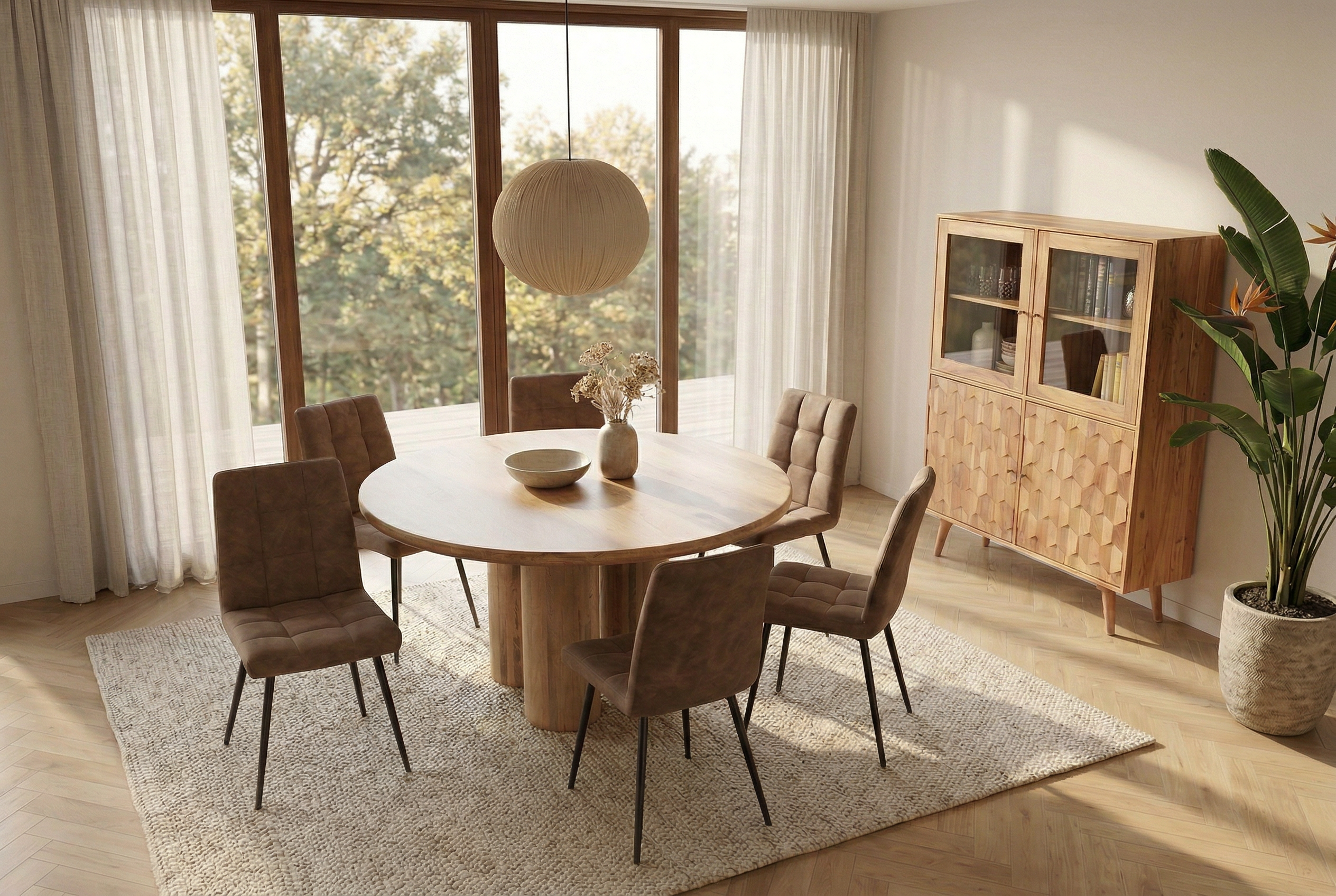 Table à manger ronde ART DECO 140cm en manguier massif naturel avec pieds colonnes