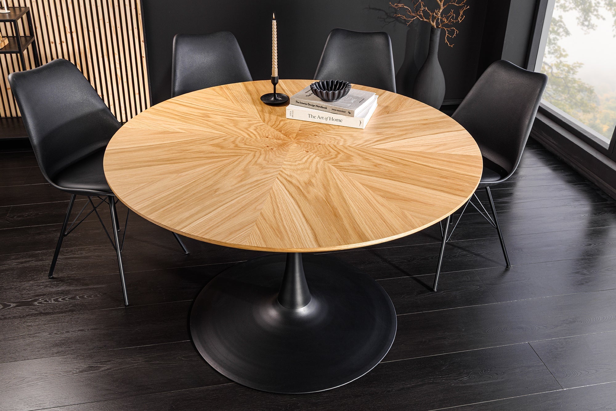Table à manger ronde ATELIER 120cm chêne naturel pied colonne métal noir