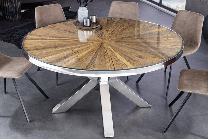 Table à manger ronde BARRACUDA 120cm teck marron bois massif plateau verre acier inoxydable argenté chromé