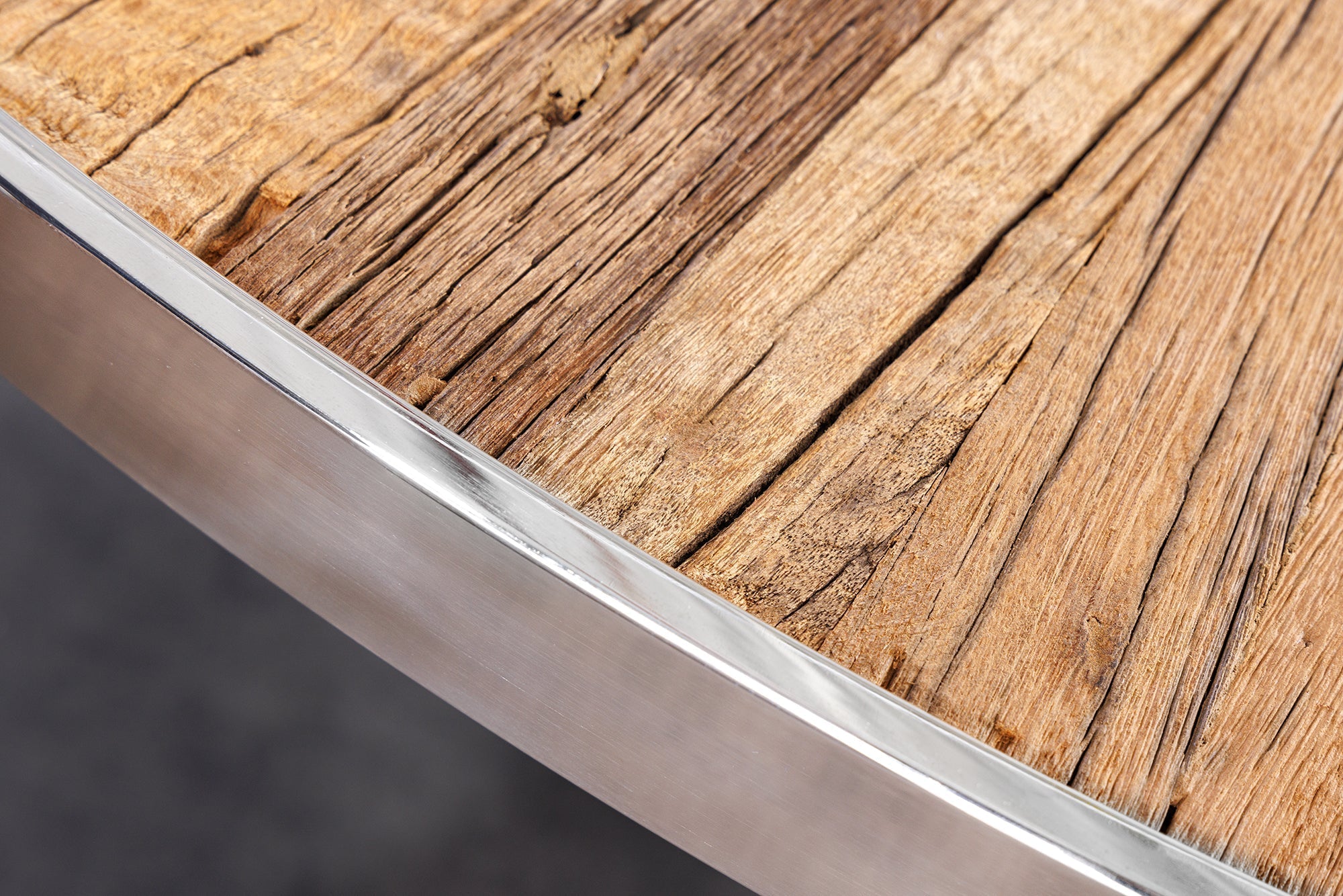 Table à manger ronde BARRACUDA 120cm teck marron bois massif plateau verre acier inoxydable argenté chromé