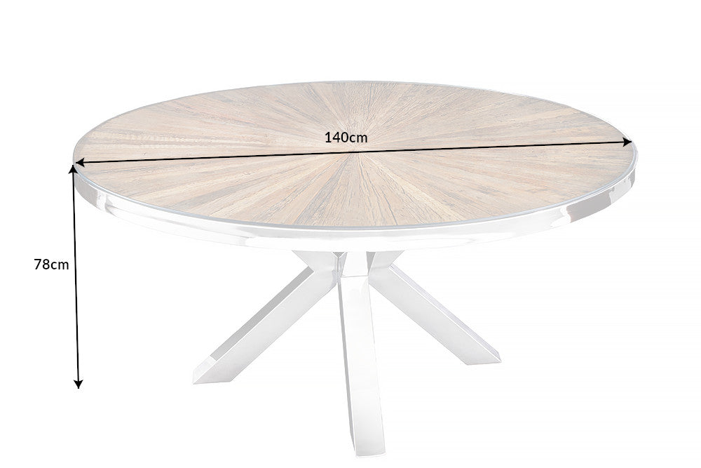 Table à manger ronde BARRACUDA 140cm teck marron bois massif verre argent inox chromé