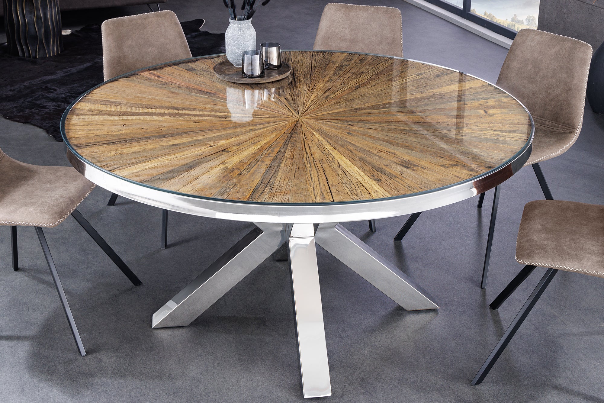 Table à manger ronde BARRACUDA 140cm teck marron bois massif verre argent inox chromé