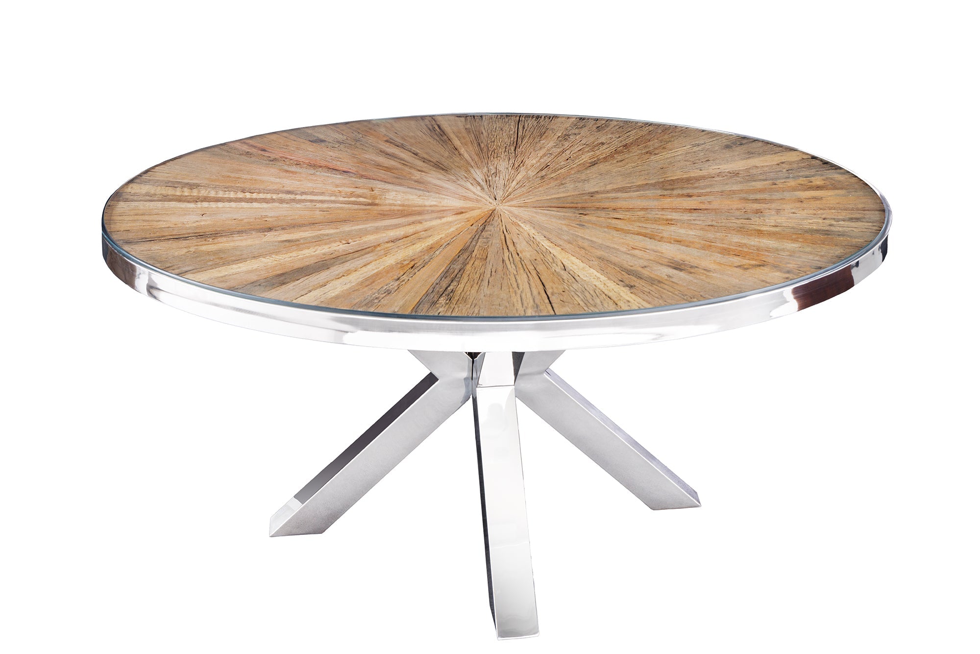 Table à manger ronde BARRACUDA 140cm teck marron bois massif verre argent inox chromé