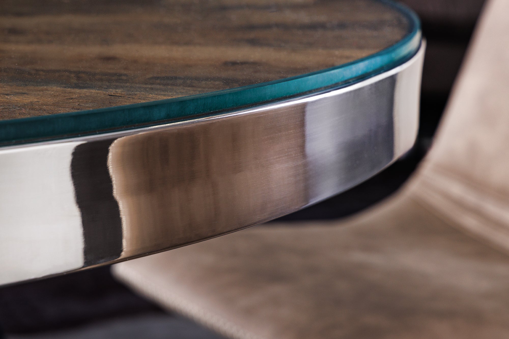 Table à manger ronde BARRACUDA 140cm teck marron bois massif verre argent inox chromé