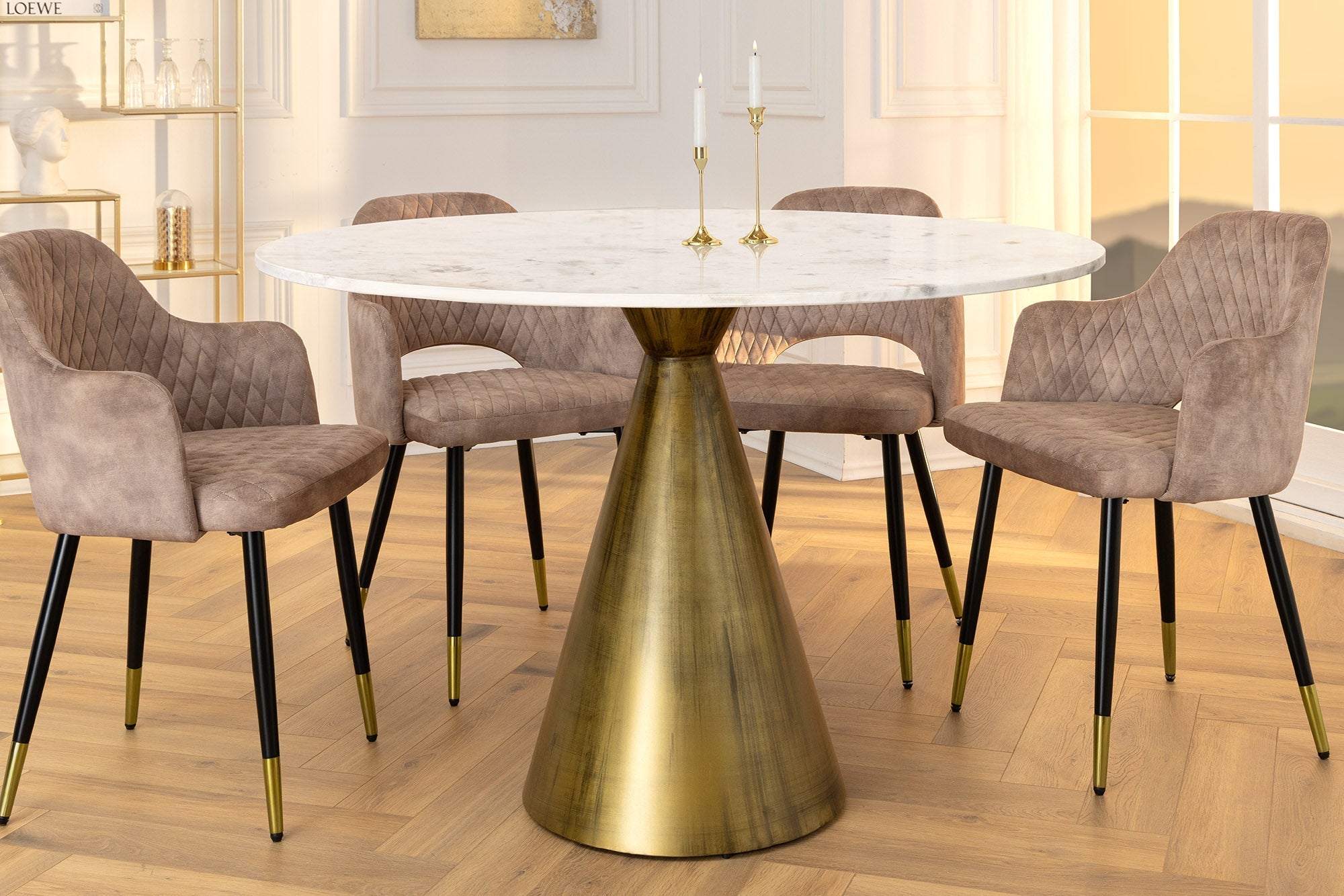 ELEGANCIA Mesa de comedor redonda de 100 cm en latón, mármol blanco y hierro con base de columna