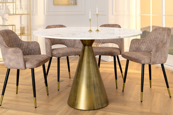 Table à manger ronde ELEGANCIA 100 cm en laiton, marbre blanc et fer avec base pilier