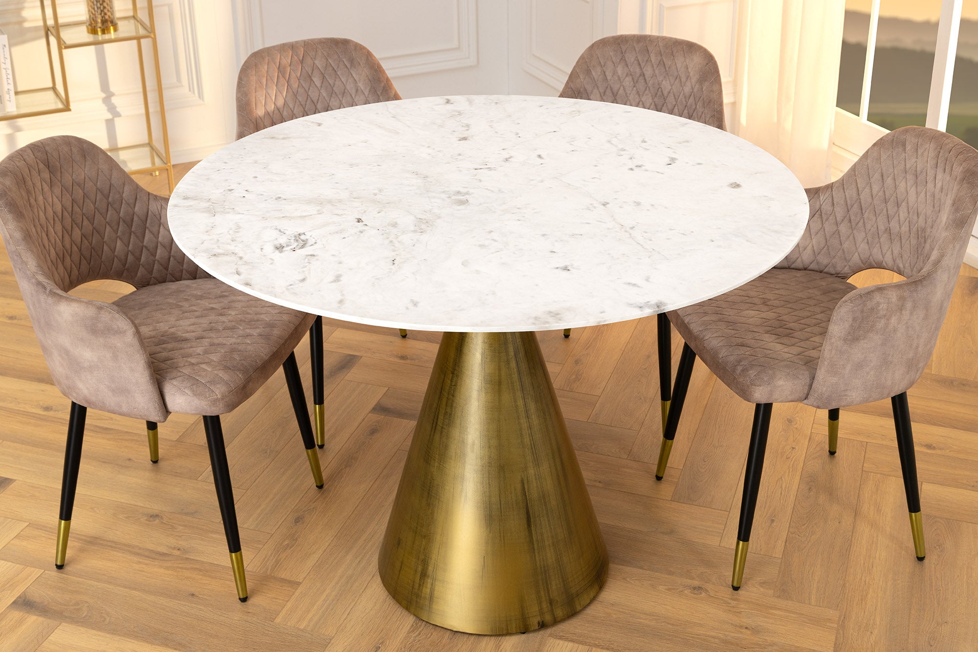 ELEGANCIA Mesa de comedor redonda de 100 cm en latón, mármol blanco y hierro con base de columna