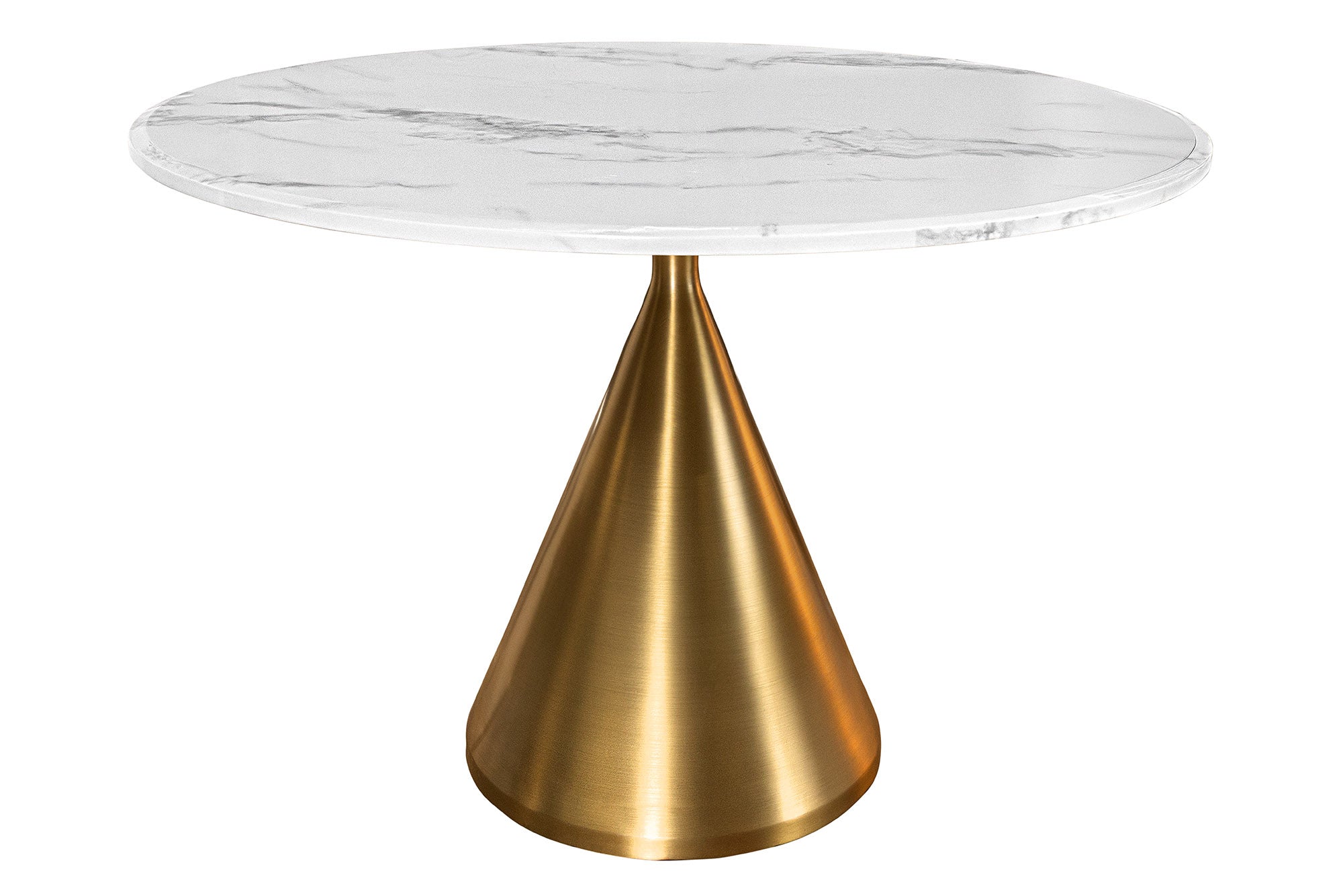 ELEGANCIA Mesa de comedor redonda de 130 cm en mármol blanco y metal dorado con base de columna