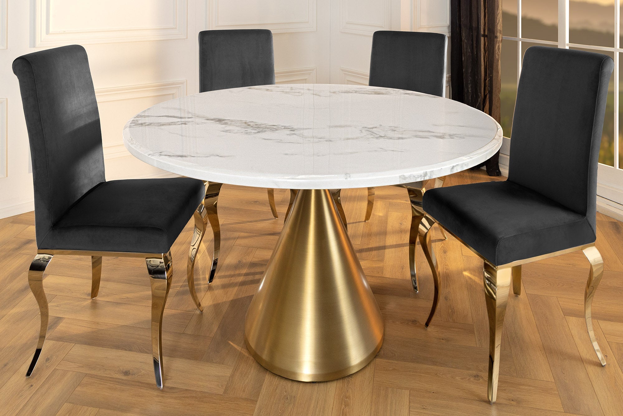 ELEGANCIA Mesa de comedor redonda de 130 cm en mármol blanco y metal dorado con base de columna