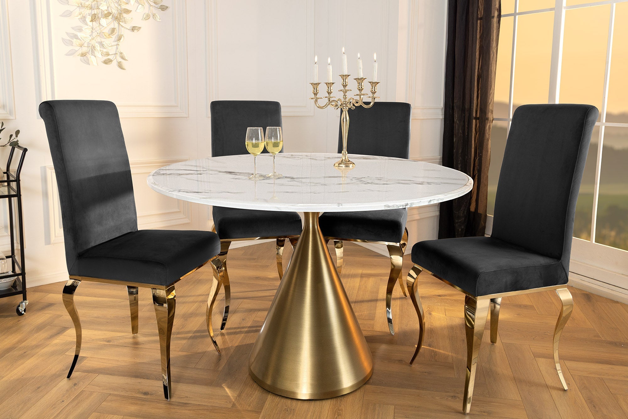 ELEGANCIA Mesa de comedor redonda de 130 cm en mármol blanco y metal dorado con base de columna