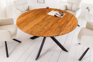 Table à manger ronde en bois massif GALAXIE 130cm acacia naturel structure métal noir