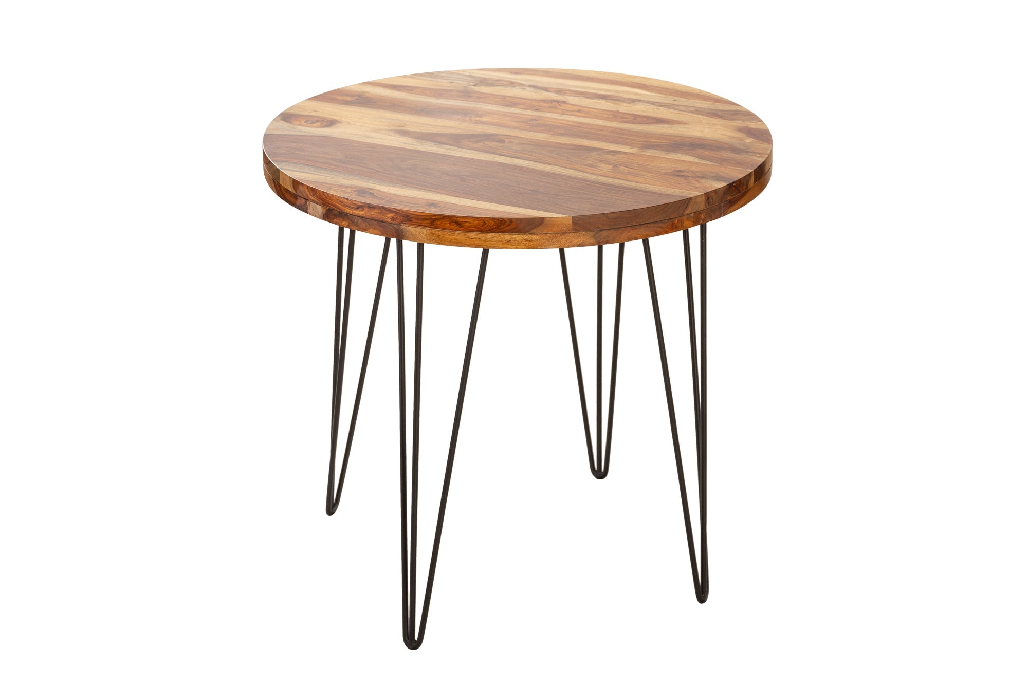 MAKASSAR Mesa de comedor redonda de 80 cm de madera maciza con acabado de piedra Sheesham marrón y patas de pasador