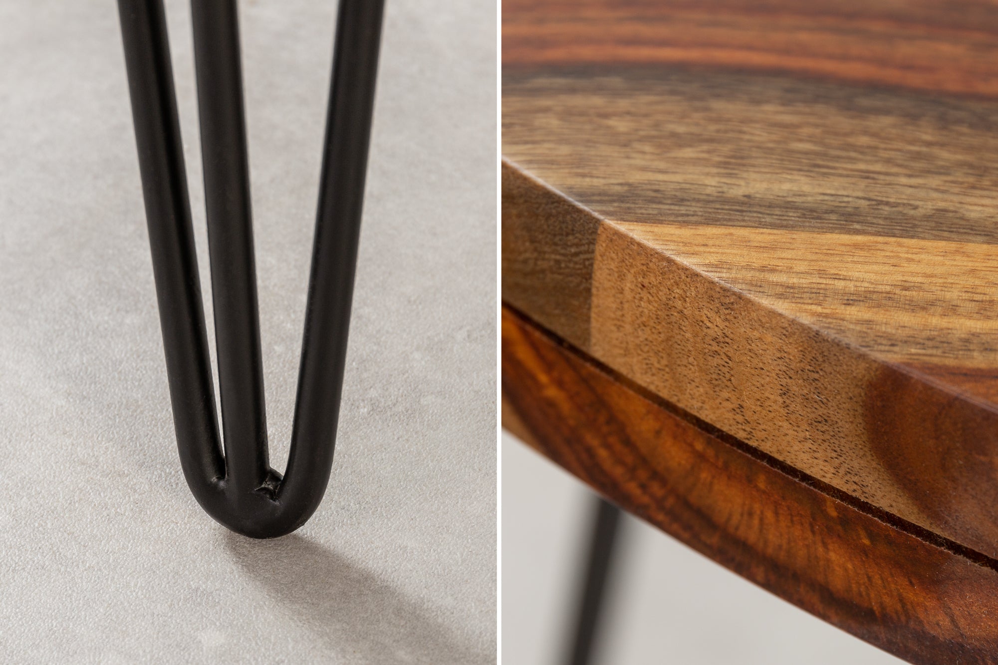 MAKASSAR Mesa de comedor redonda de 80 cm de madera maciza con acabado de piedra Sheesham marrón y patas de pasador
