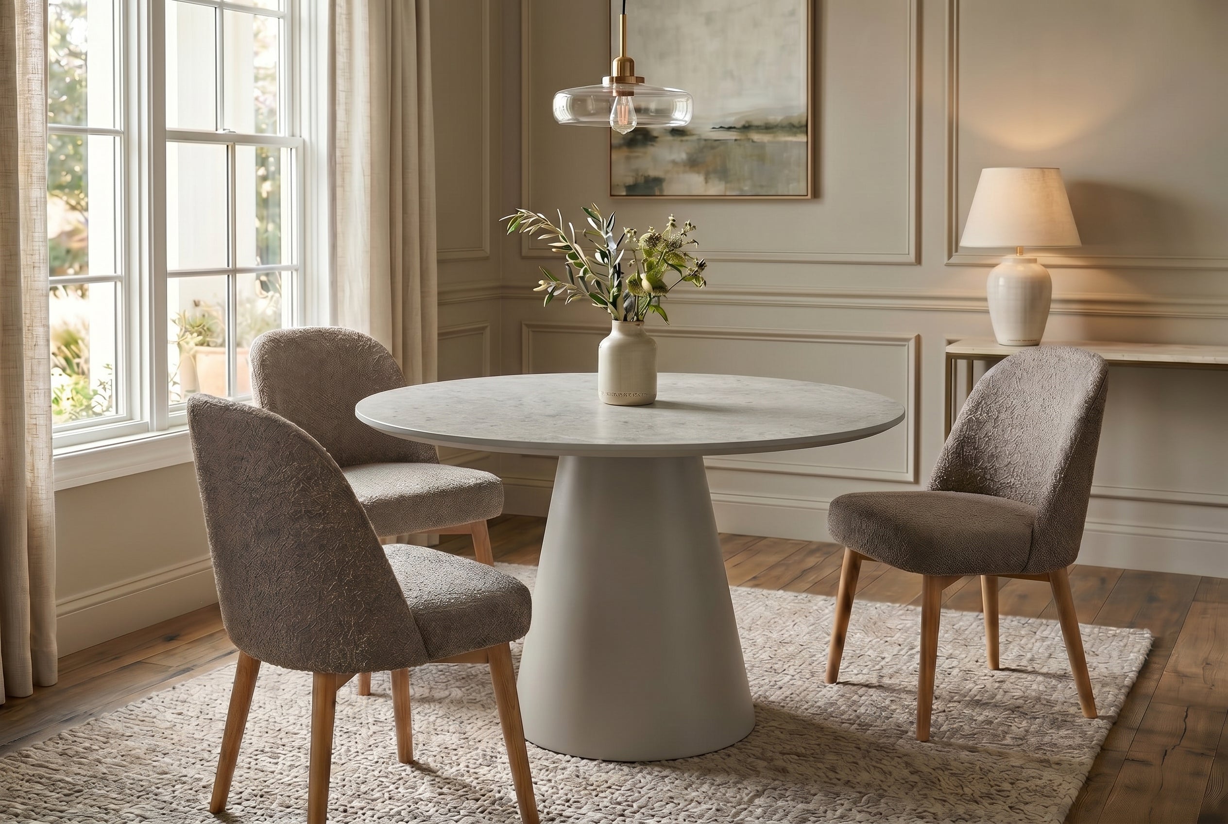 Table à manger ronde EN VOGUE 120cm design béton gris mat avec piètement colonne