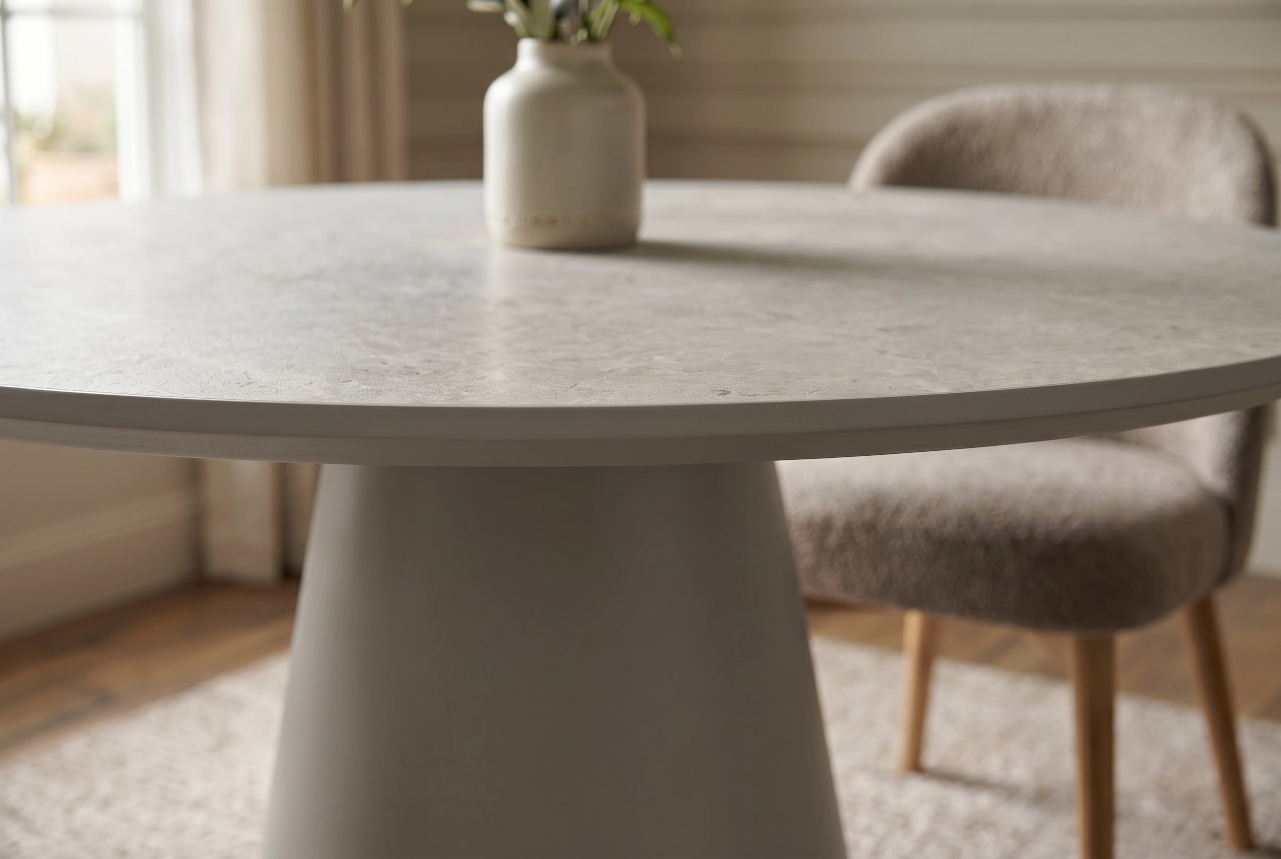 Table à manger ronde EN VOGUE 120cm design béton gris mat avec piètement colonne